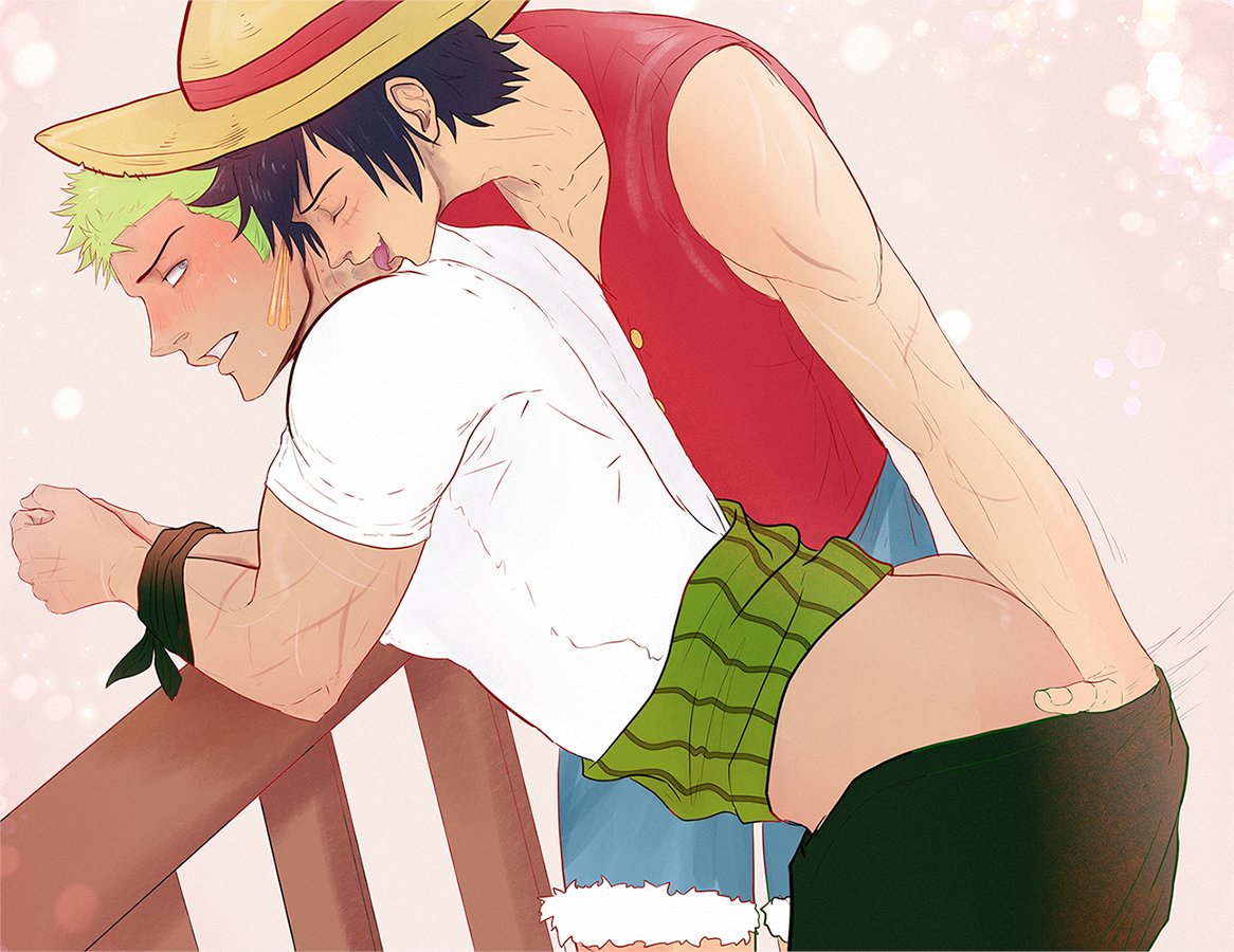 2boys anal anal_fingering ass fingering fingering_ass fingering_under_clothes gay green_hair kiskins male male_focus male_only monkey_d_luffy no_visible_genitalia one_piece restrained roronoa_zoro skinny tied_hands undressing yaoi