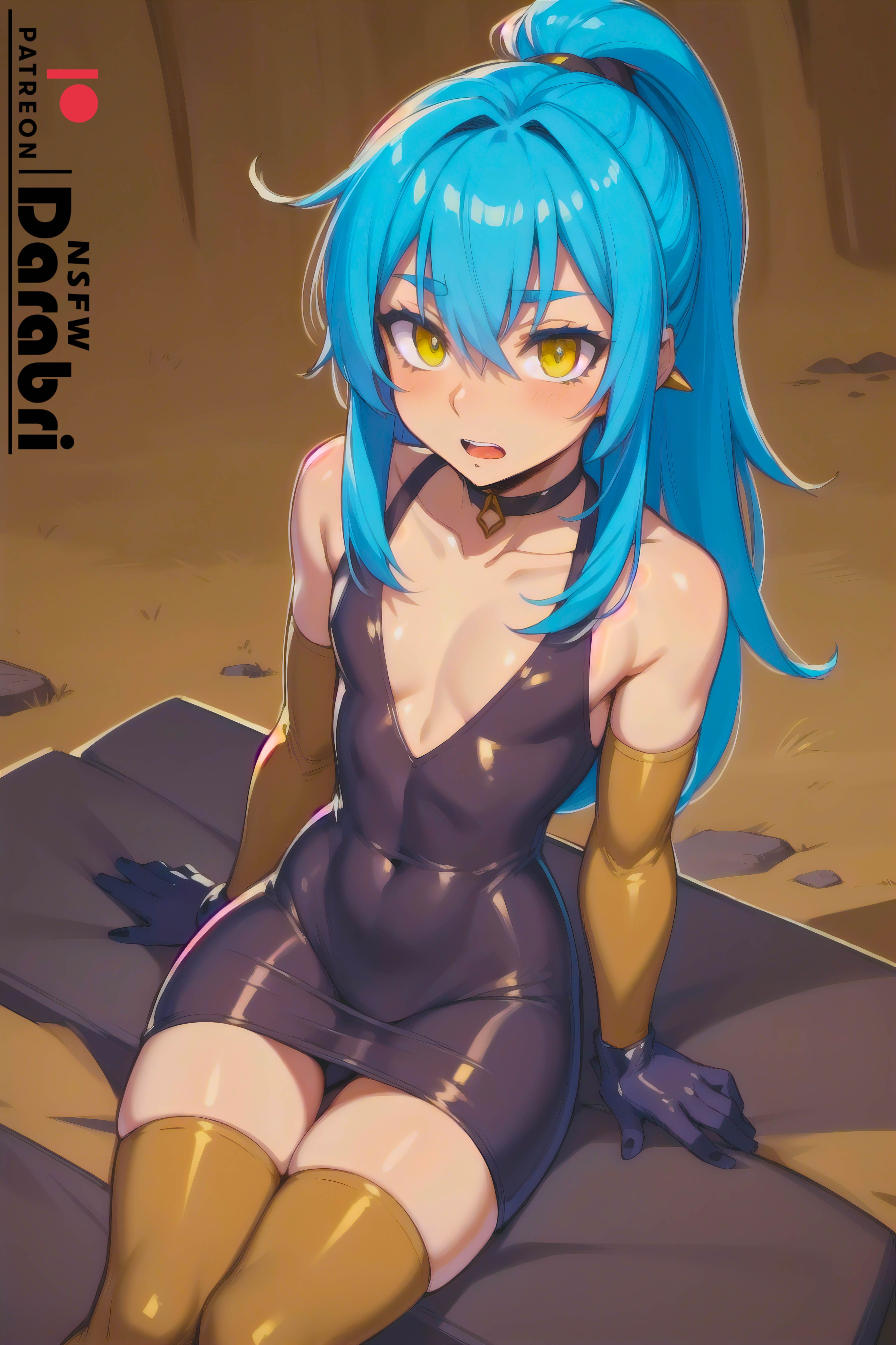 1boy, abstract background, absurd res, ai generated, bangs, blue hair, blush, collar, colored, cute, cute male, darabri, detailed, detailed background, dress, femboy, feminine male, girly, gloves, logo, long hair, looking at viewer, looking up, male, male only, navel, open mouth, otoko no ko, pale skin, patreon, patreon logo, ponytail, pov, rimuru tempest, shoulderless dress, sitting, sleeves, solo, solo focus, stockings, tensei shitara slime datta ken, thick thighs, thighs, thin waist, toned, trap, yellow eyes