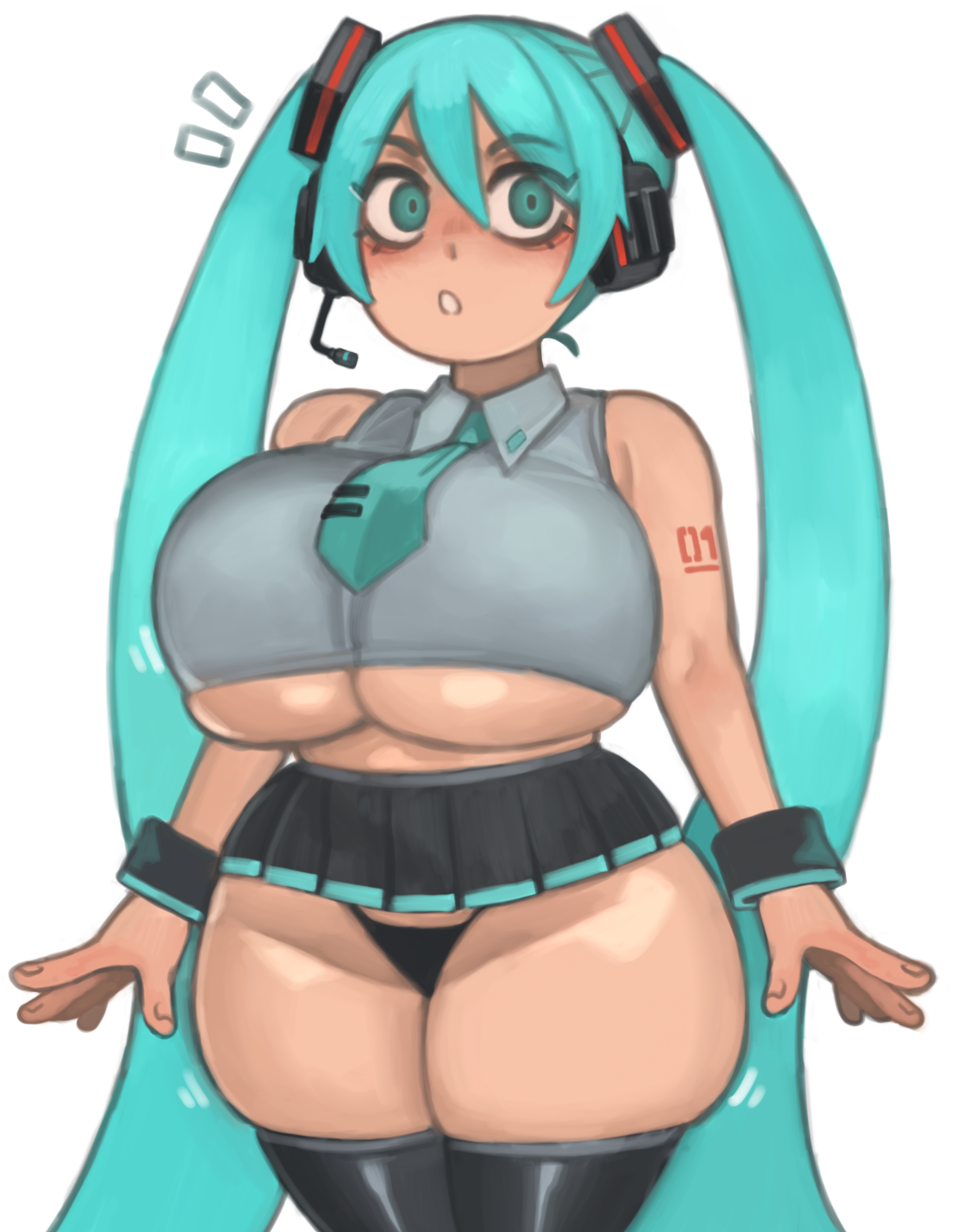 :o, 1girl, 1girls, alternate breast size, aqua eyes, aqua hair, black thong, breasts, female, hatsune miku, hi res, hips, huge breasts, kelvin hiu, large breasts, light skin, light-skinned female, long hair, massive breasts, necktie, panties, shortstack, simple background, skirt, solo, thick thighs, thighhighs, thighs, thong, twintails, underboob, underwear, very long hair, vocaloid, voluptuous, white background, wide hips