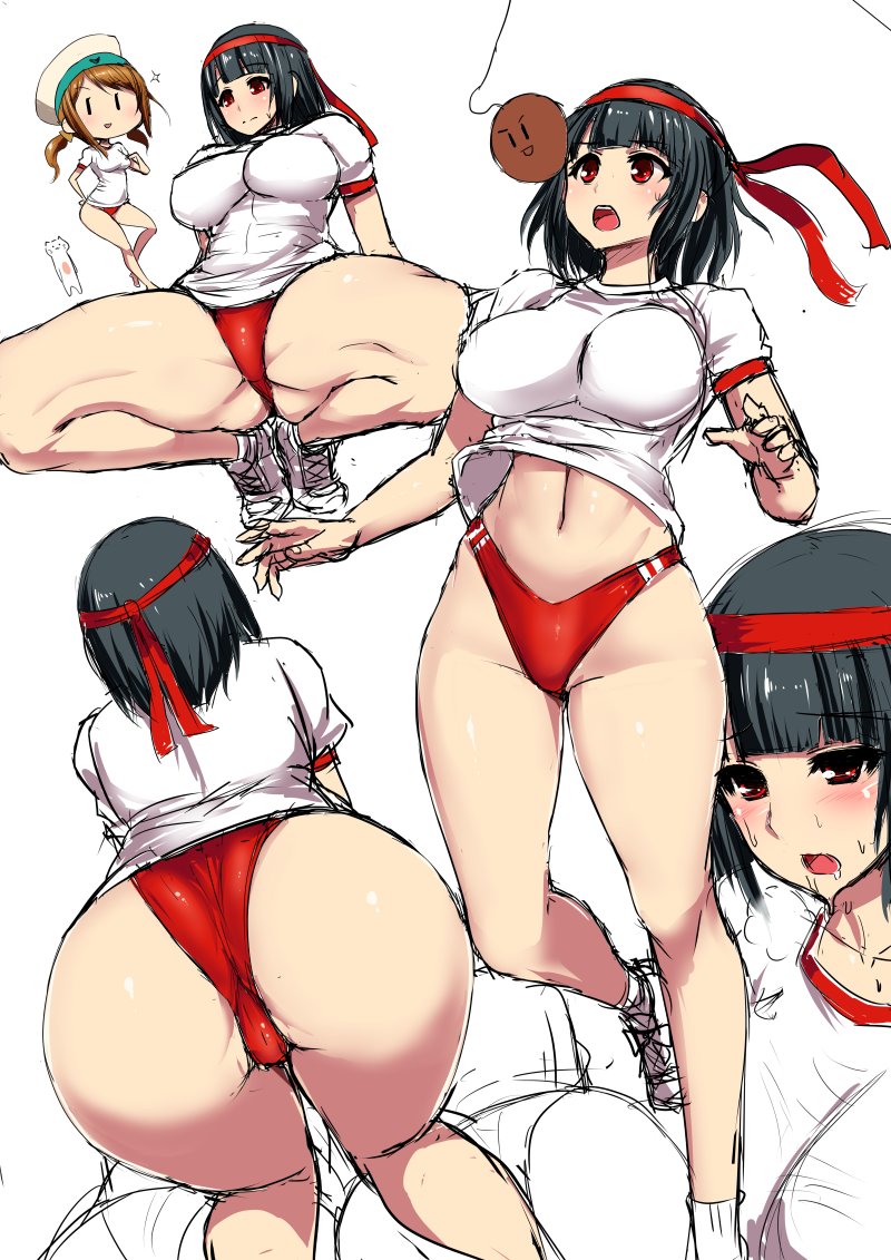 2girls ass bandana black_hair blank_background breasts clothing dat_ass female gym_uniform huge_breasts ishimiso_(ishimura) jumping kantai_collection multiple_girls open_mouth panties red_panties short_hair spread_legs spreading sweat sweatdrop tagme takao_(kantai_collection) workout