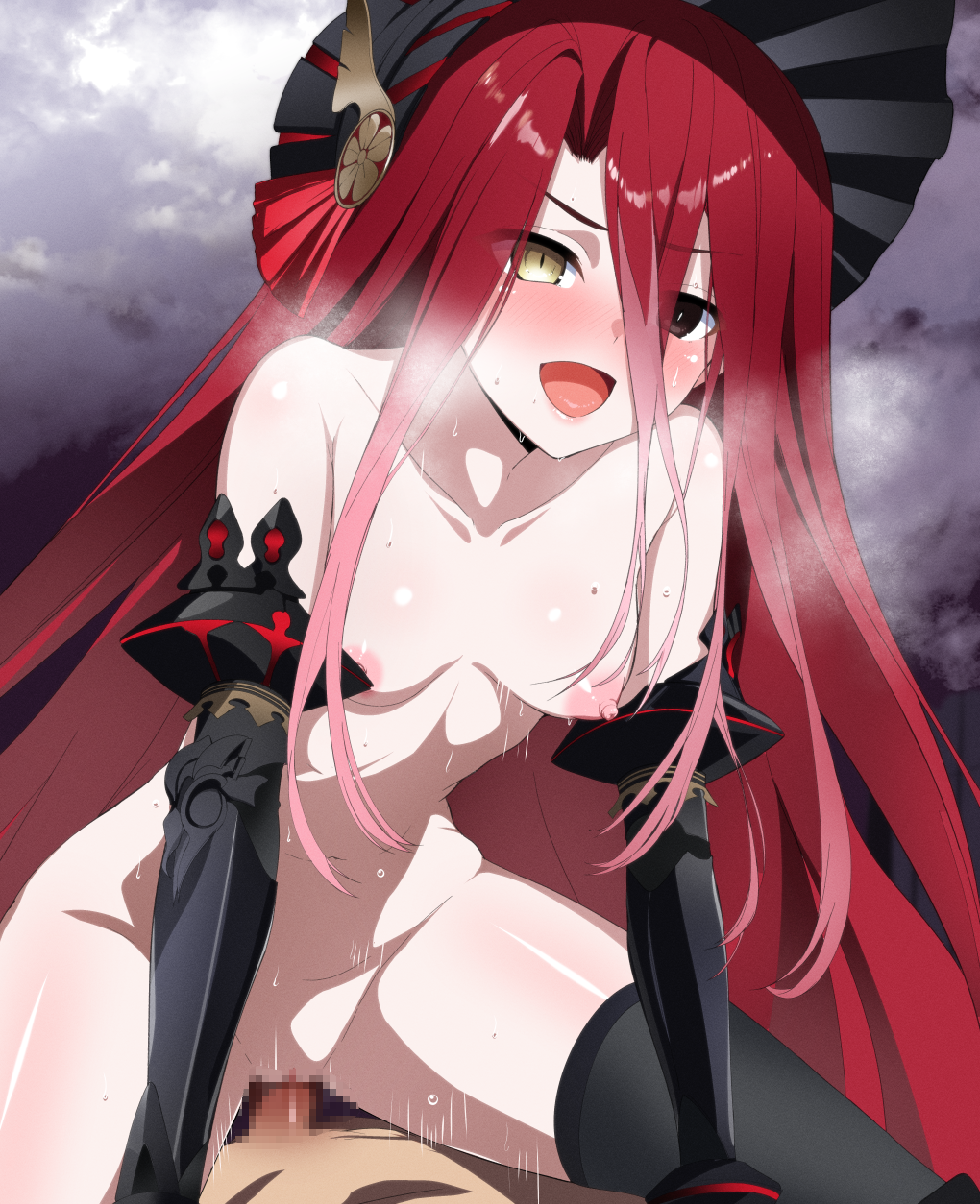 1boy armor black_armor black_eyes black_headwear black_thighhighs blush bonnet breasts censored collarbone commission cowgirl_position fate/grand_order fate_(series) female fuyumi_kazuki gauntlets hair_between_eyes heterochromia highres long_hair male navel nipples nude open_mouth penis pixiv_commission pussy red_hair sex small_breasts smile straddling straight thighhighs thighs typhon_ephemeros_(fate) vaginal_penetration very_long_hair yellow_eyes