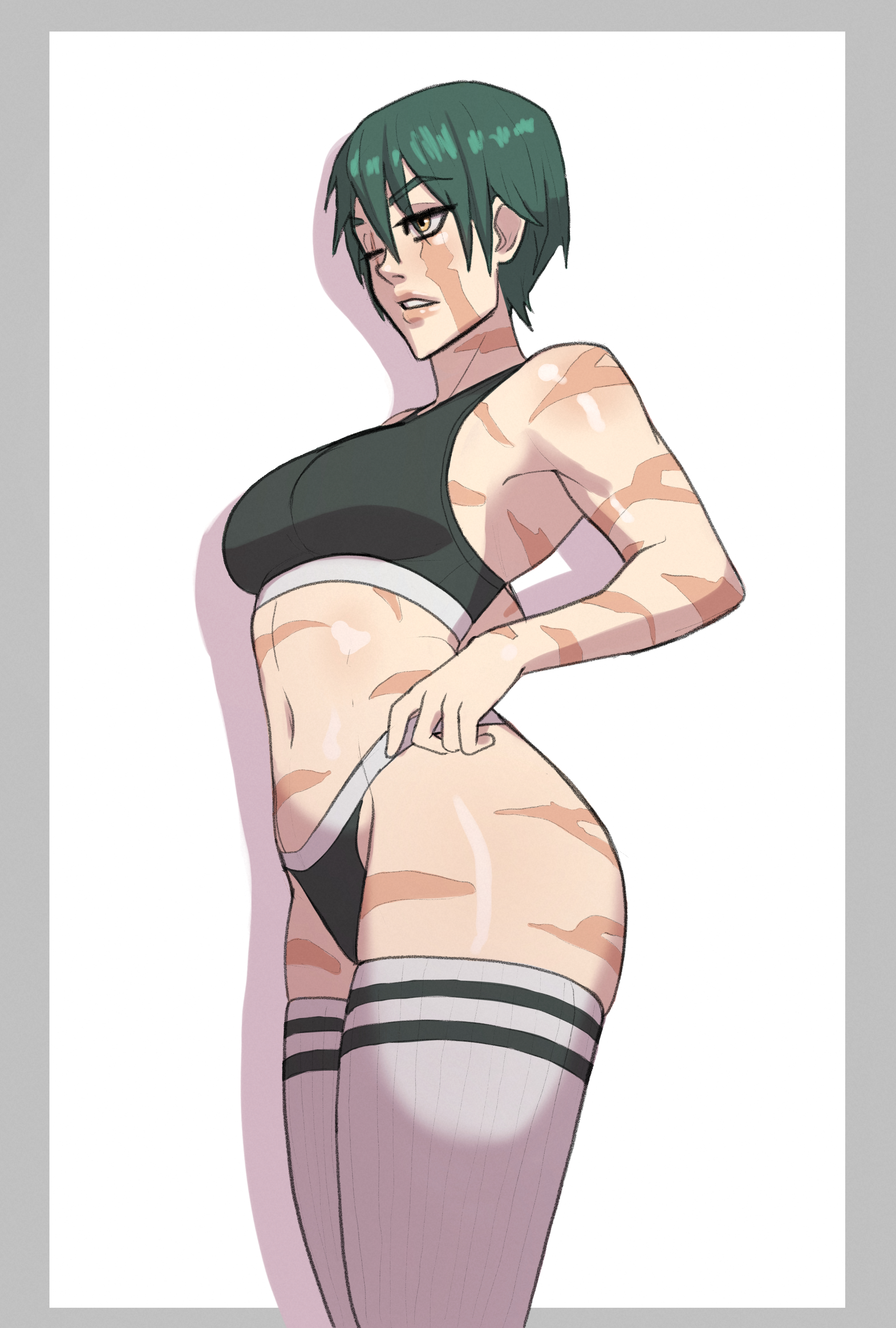 1girls, big breasts, bottomwear, breasts, female, female only, green hair, green-haired female, hair, hips, jujutsu kaisen, king0fghouls, legwear, one eye closed, scar, scar across eye, scars, scars all over, short hair, socks, solo, solo female, sports bra, sports uniform, sportswear, thick thighs, thigh socks, thighhighs, thighs, tomboy, topwear, very short hair, white socks, white thighhighs, yellow eyes, zenin maki