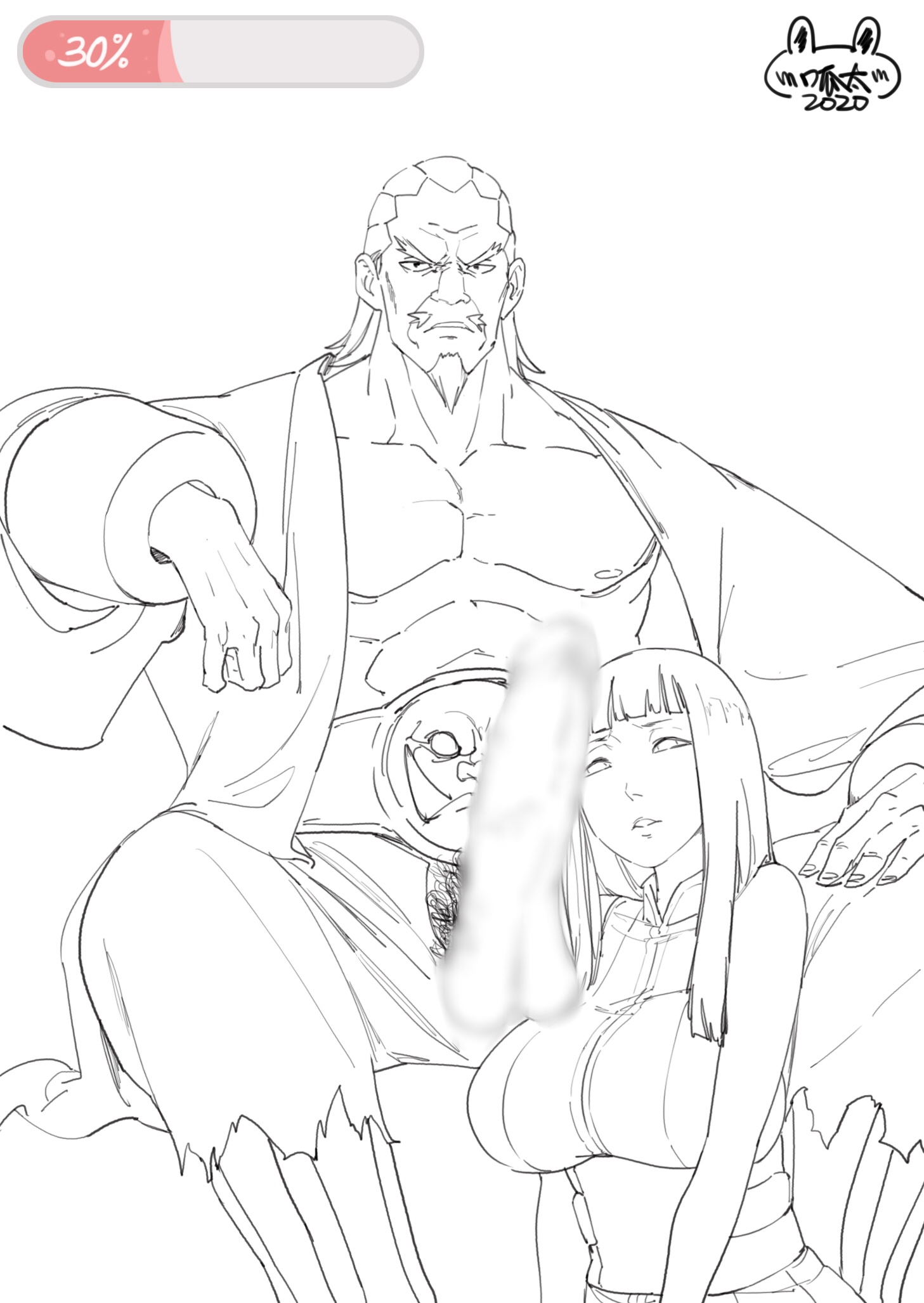 1boy, 1girls, abs, age difference, balls, bare arms, bare shoulders, bbw, beard, belt, big penis, black and white, bracelet, breasts, censored, cheating, cornrows, cuckold, dark skin, dark-skinned male, erection, facial hair, female, fully clothed, huge cock, hyuuga hinata, hyuuga hinata (naruto: the last), interracial, large breasts, large penis, looking at penis, male, monochrome, moustache, muscles, muscular, muscular male, naruto, naruto (series), naruto shippuden, naruto: the last, netorare, older male, open shirt, pecs, penis, penis awe, penis on face, penis out, pubic hair, raikage, sitting, sketch, sleeveless, sleeveless shirt, straight, testicles, watermark, xshuai, younger female