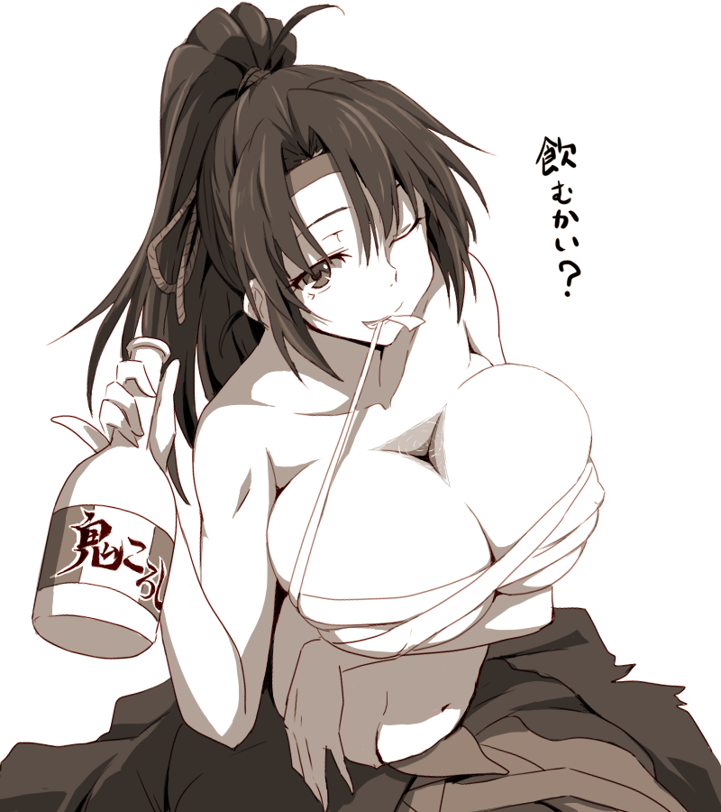 ;) alcohol bottle breast_hold breasts budget_sarashi chizuru_(sennen_sensou_aigis) cleavage collarbone female greyscale grin hakama japanese_clothes large_breasts long_hair looking_at_viewer monochrome mouth_hold navel one_eye_closed pointy_chin ponytail rope runaru sake sake_bottle sarashi sennen_sensou_aigis smile solo stomach translation_request upper_body