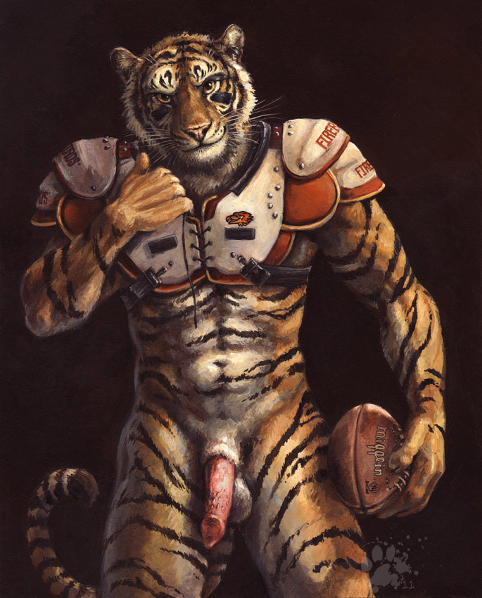 anthro balls barbs blotch bottomless clothing devlin_miski feline feline_penis firebirds football fur furry looking_at_viewer male male_only out_of_position penis sheath solo tiger uniform