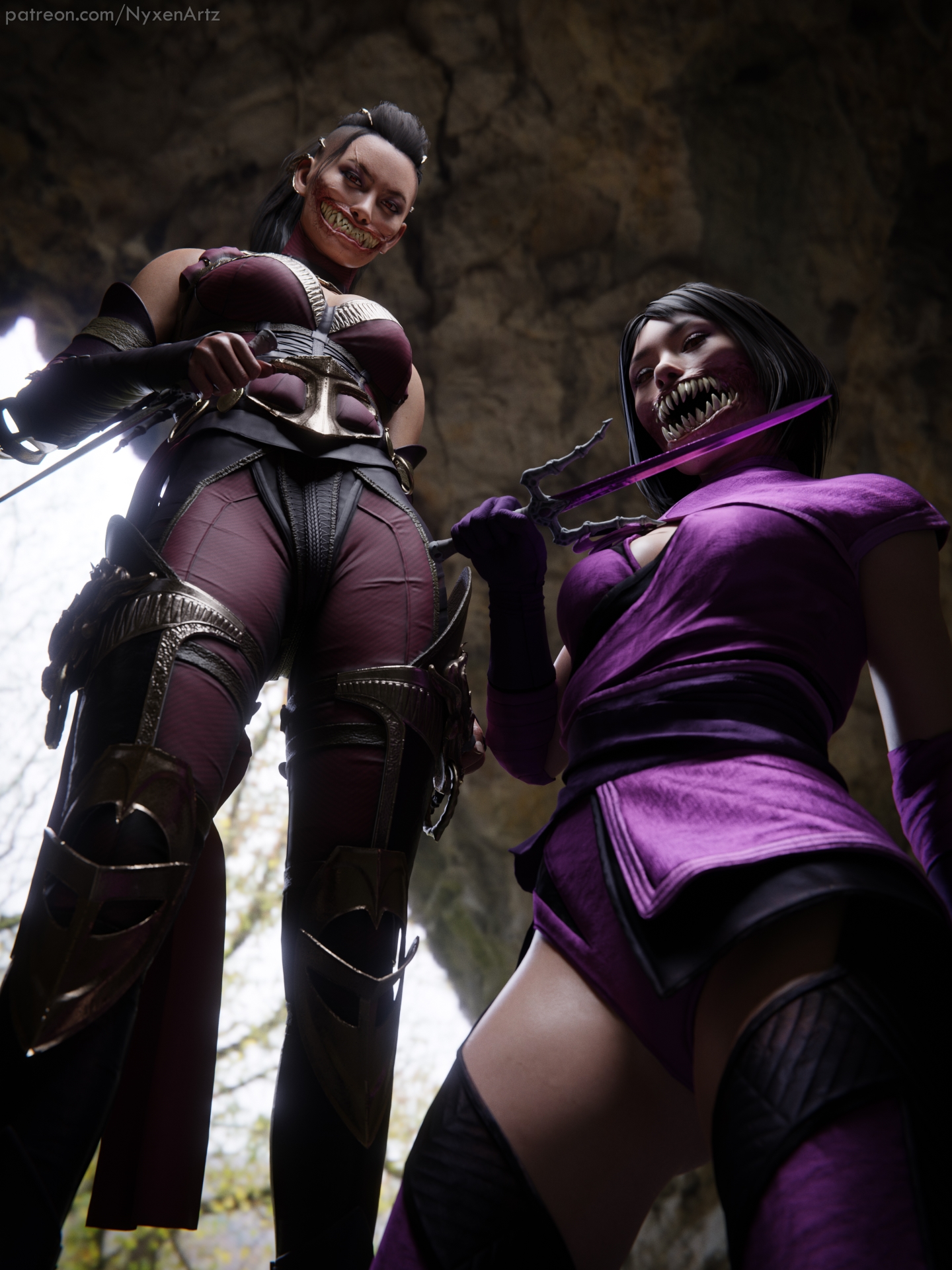 3d, clothed, fangs, female, looking at viewer, mileena, monster, monster girl, mortal kombat, mortal kombat 1 (2023), mortal kombat 11, non-nude, nyxenartz, smile, smiling, smiling at viewer