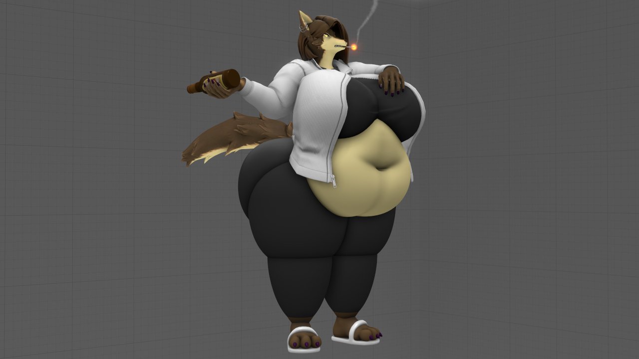 3d 3d_(artwork) 3d_model artwork_(digital) bbw big_breasts bottle breasts brown_hair chubby cleavage fat female holding_bottle holding_object huge_breasts kingofthekabuto queenofthekabuto slippers smoking smoking_cigarette tagme tail thick_thighs wide_hips yellow_fur