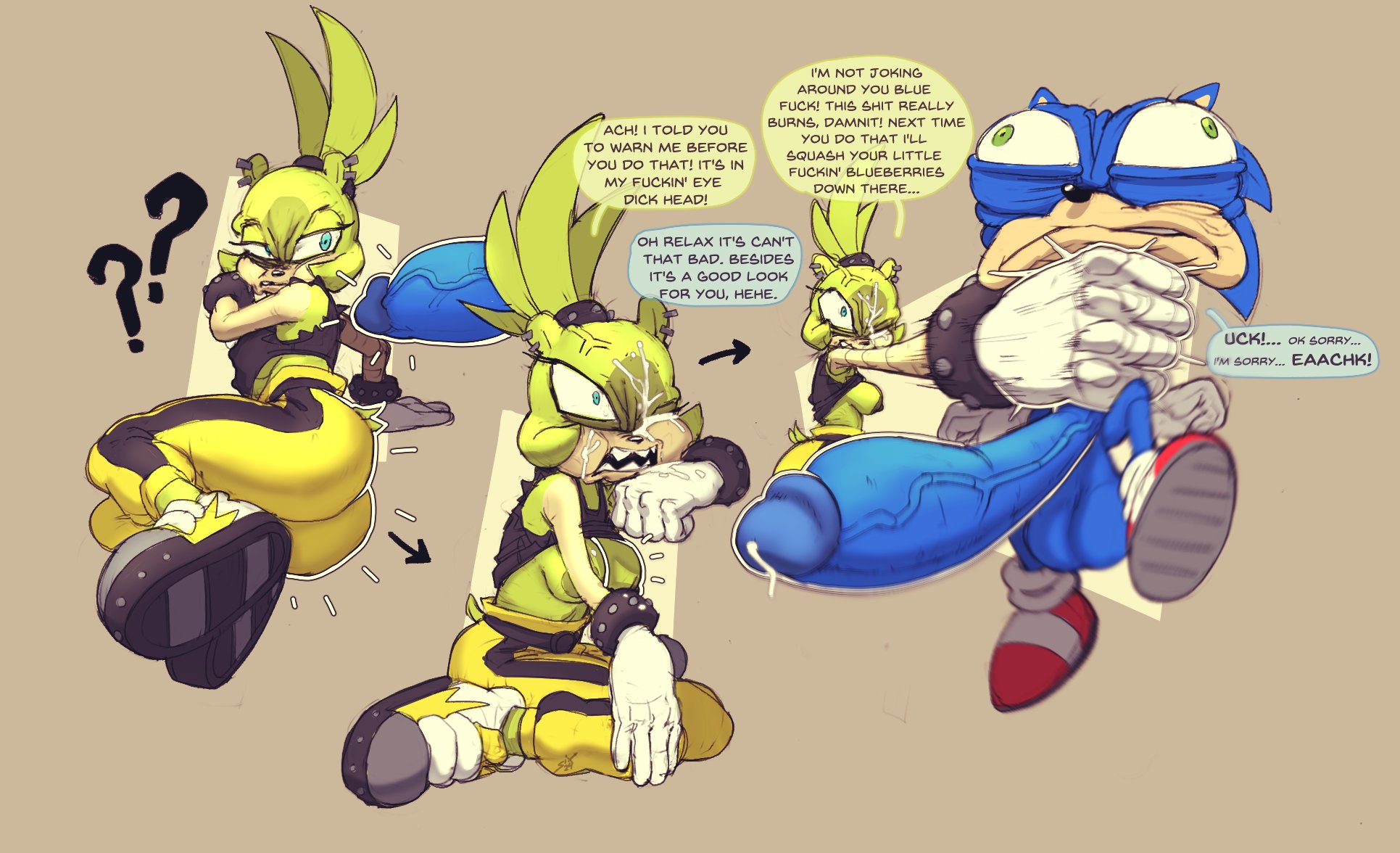 1boy, 1girls, afrosoricid, angry, angry sex, anthro, ass, balls, big ass, big balls, big penis, blue body, blush, bodily fluids, bottomwear, casual, choking, clothing, crossed arms, cum, cum in mouth, cum inside, cum on face, duo, ellipsis, enemies having sex, english text, erection, eulipotyphlan, exclamation point, exposed torso, fellatio, female, footwear, furry, genital fluids, genitals, gesture, gloves, green body, green hair, hair, handwear, hedgehog, huge balls, huge cock, hyper, hyper balls, hyper genitalia, hyper penis, idw comics, idw publishing, looking at viewer, male, male/female, mammal, mobian (species), narrowed eyes, nude, onomatopoeia, open mouth, oral, pants, penile, penis, pointing, pointing at viewer, sega, sex, shoes, sixsidesofmyhead, sonic (series), sonic the hedgehog, sonic the hedgehog (comics), sonic the hedgehog (idw), sonic the hedgehog (series), sound effects, speech bubble, surge the tenrec, tail, tenrec, text, tongue, tongue out, torn bottomwear, torn clothing, torn pants