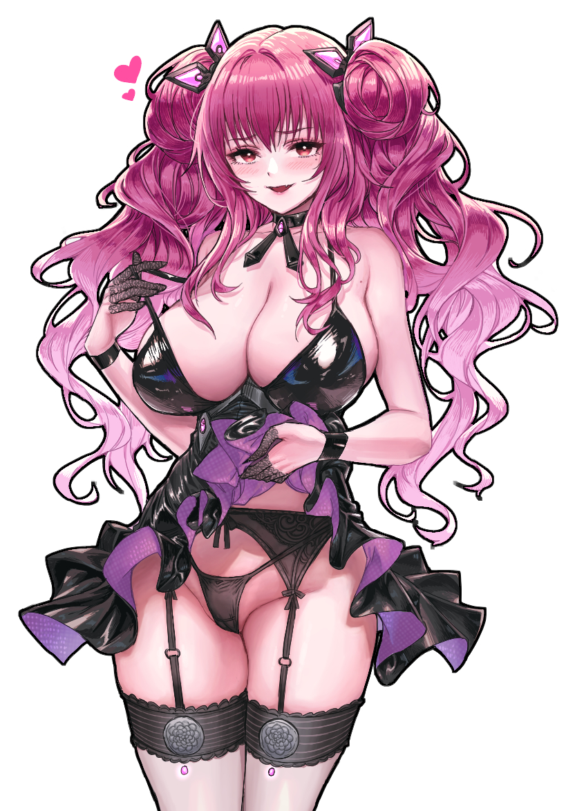 1female 1girls bare_shoulders black_dress black_gloves black_legwear black_panties blush choker cleavage clothes_lift collarbone cowboy_shot dress dress_lift female female_only garter_belt garter_straps gloves goddess_of_victory:_nikke hair_bun hair_ornament heart hi_res high_resolution highres huge_breasts lifted_by_self long_hair looking_at_viewer mole mole_on_breast open_mouth panties papillon_(nikke) pink_hair purple_eyes sidelocks simple_background smile solo solo_female string_panties thighhighs thighs underwear white_background whooosaku wristband