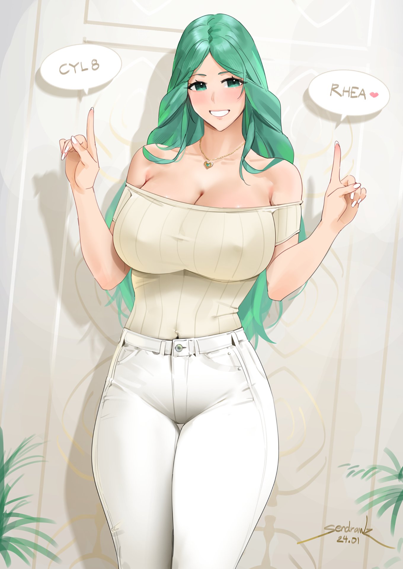 1girls alternate_costume bare_shoulders blush breasts casual cleavage contemporary covered_nipples female female_only fire_emblem fire_emblem:_three_houses fire_emblem_heroes flower green_eyes green_hair hair_flower hair_ornament highres large_breasts long_hair nintendo parted_bangs rhea_(fire_emblem) sendrawz smile solo