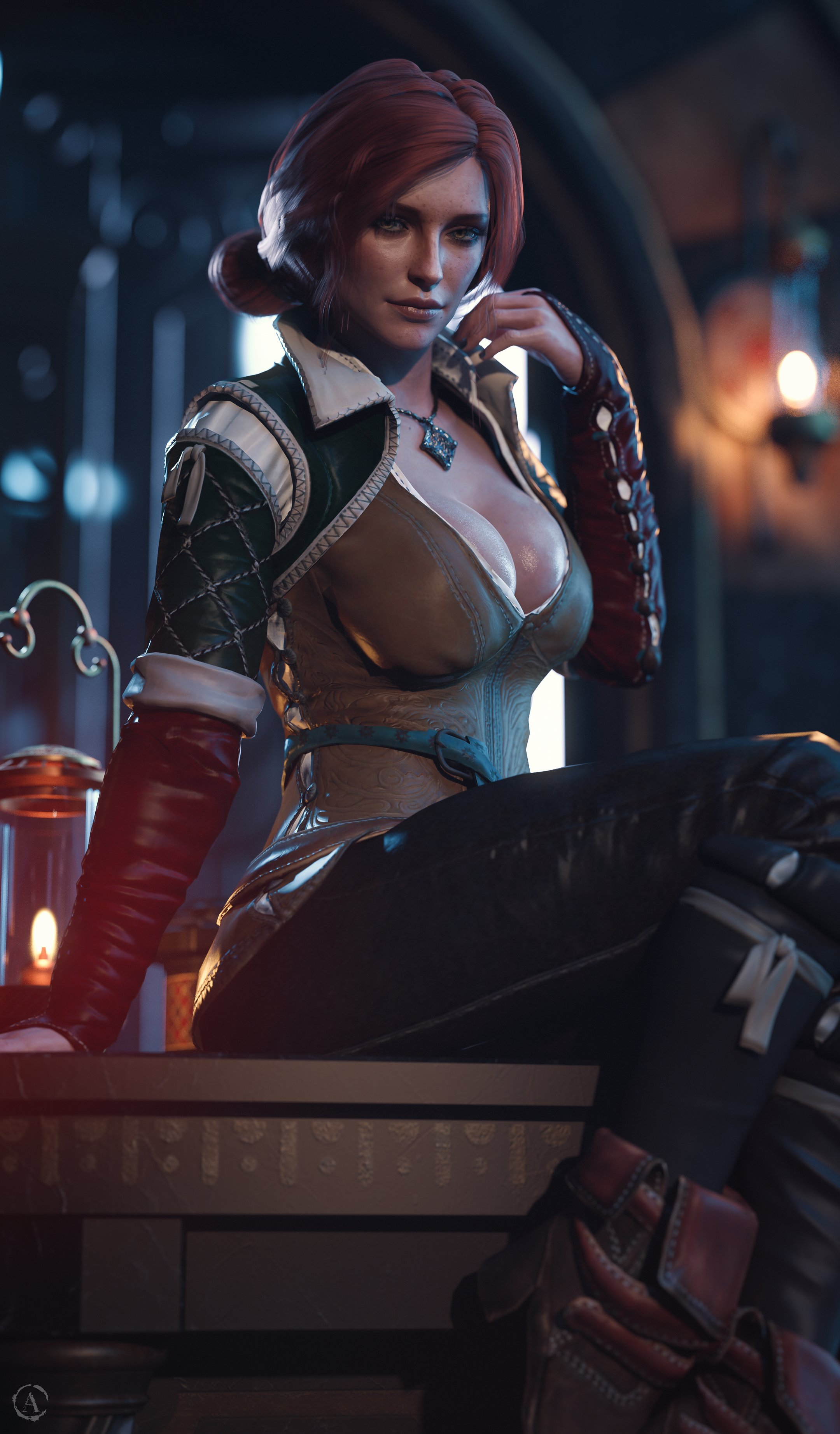 2023, 3d, alf3d, breasts, cleavage, female, large breasts, light-skinned female, redhead, seductive look, sitting, solo, solo female, solo focus, tagme, the witcher (series), the witcher 3: wild hunt, triss merigold, yellow eyes
