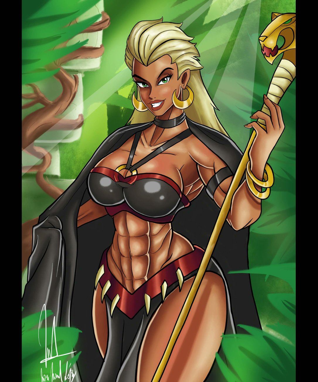 1girls abs african african_female belly_button big_breasts bikini coat dark-skinned_female dark_skin disney earrings eight_pack green_eyes jewelry looking_at_viewer muscular_arms muscular_female muscular_thighs navel queen_la rambonaitor six_pack smile smiling smiling_at_viewer staff tarzan_(1999_film) teeth thong thong_bikini white_hair