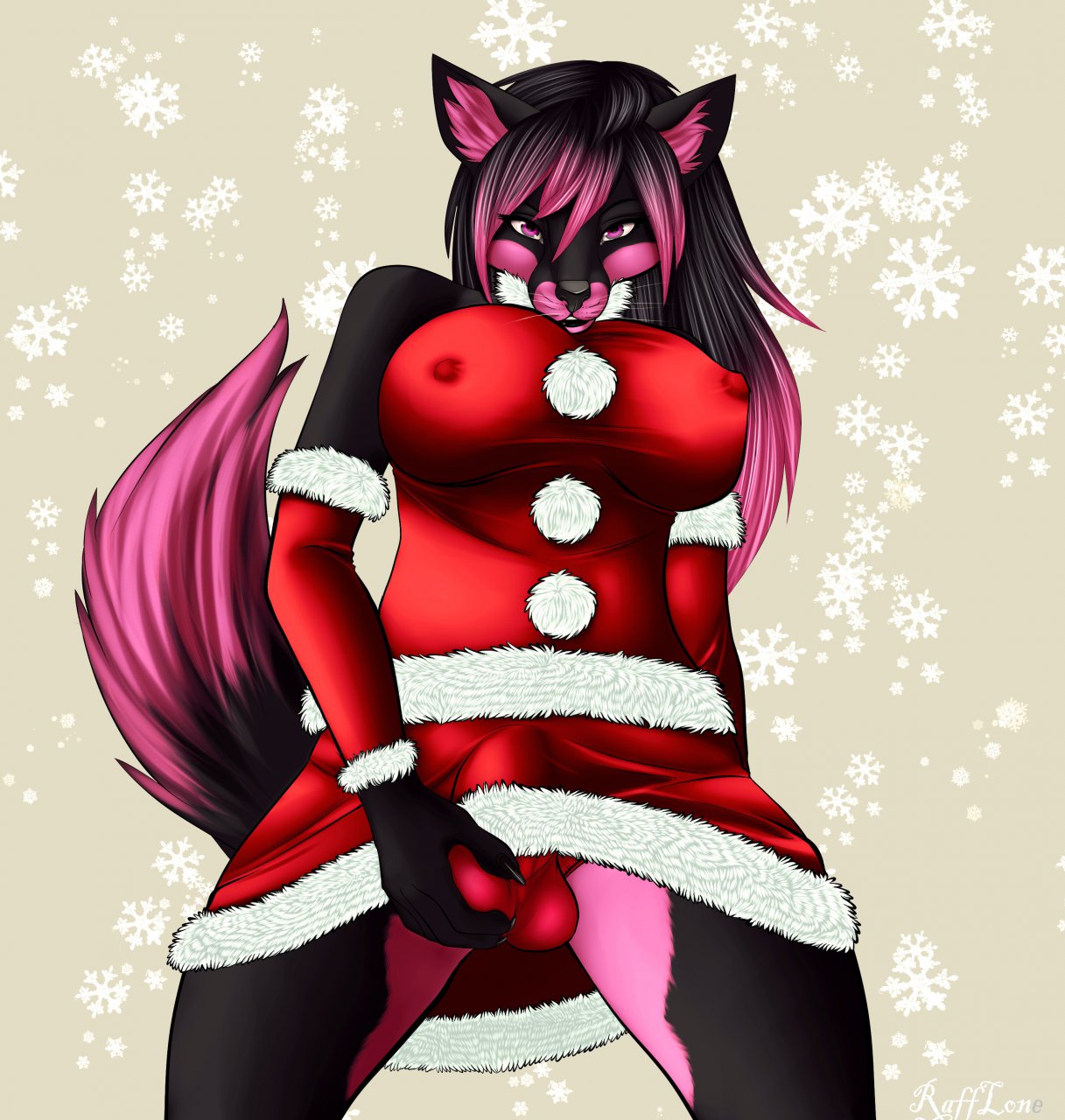 1futa 2011 arm_warmers balls big_breasts black black_hair breasts bulge canine christmas claws clothes dark_spot_designs fox furry futa_only futanari hair herm holidays huge_breasts hyosube intersex long_hair looking_at_viewer looking_down panties pink pink_eyes pink_hair presenting rafflone skirt solo spread_legs spreading standing tail thighs tight_clothes two_tone_hair underwear whiskers