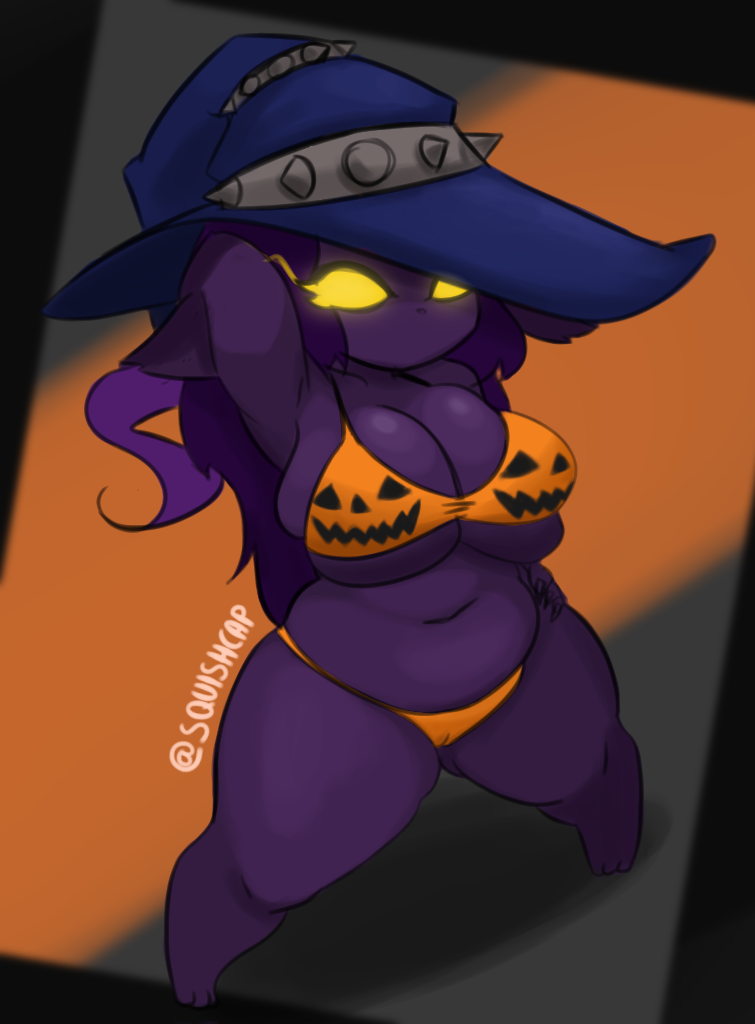 1girls arm_behind_head armpit belly big_breasts bikini breast_squish cameltoe chubby chubby_female genderswap_(mtf) glowing_eyes halloween hand_on_hip huge_breasts jack-o'-lantern paws purple_body purple_hair rule_63 shortstack squishcap_(artist) thick_thighs twitter_username veigal veigar wide_hips witch_hat yellow_eyes yordle