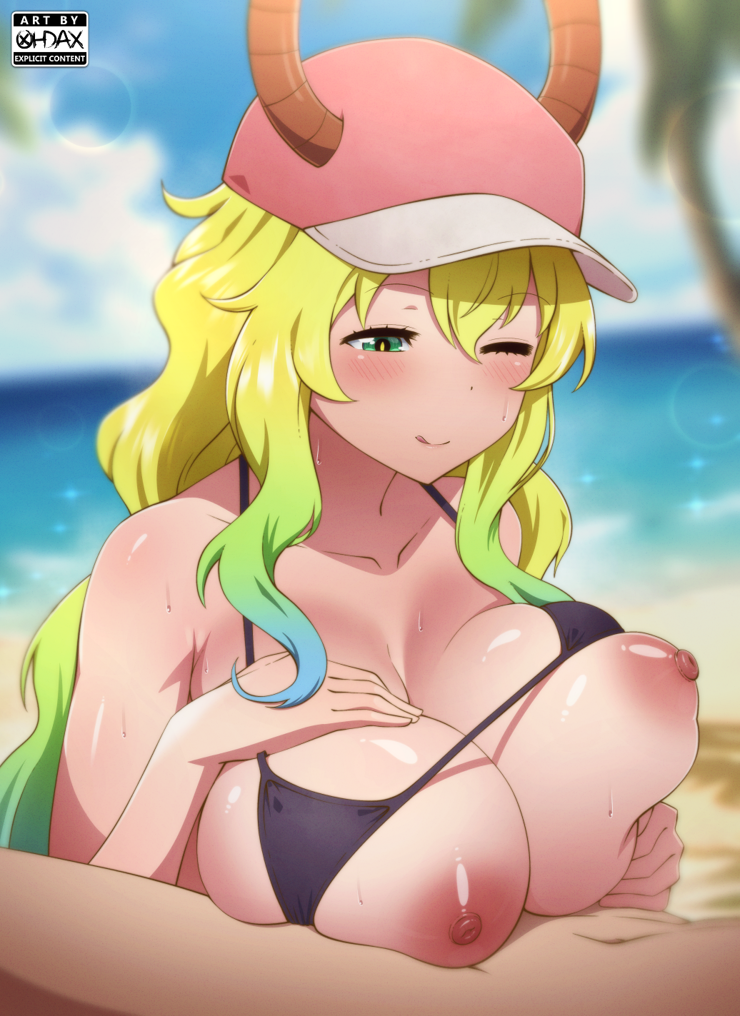 artist_name beach big_breasts bikini_top blush dragon_girl dragon_maid eye_closed hat kobayashi-san_chi_no_maidragon miss_kobayashi's_dragon_maid ohdax one_eye_closed paizuri paizuri_lead_by_female paizuri_with_gigantic_breasts quetzalcoatl_(dragon_maid) squeezing_breast squeezing_breasts_together titjob