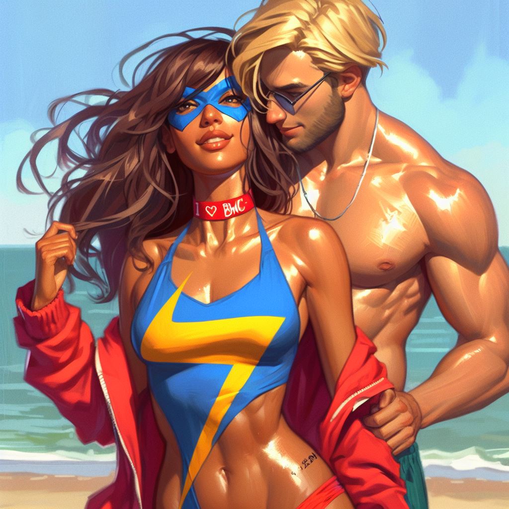 ai_generated beach beachwear beard blonde_hair blonde_hair_male brown_eyes brown_hair brown_skin coat coat_removed crop_top dark-skinned_female dark_skin discord_(marvel) female holding holding_from_behind joshua_richardson kamala_khan light-skinned_male light_skin looking_at_another looking_at_partner male marvel marvel_comics mask ms._marvel ms._marvel_(kamala_khan) muscular muscular_male necklace ring rock rocks sand scarf seaside shiny_body shiny_skin summer sunglasses t-shirt trunks writing_on_body