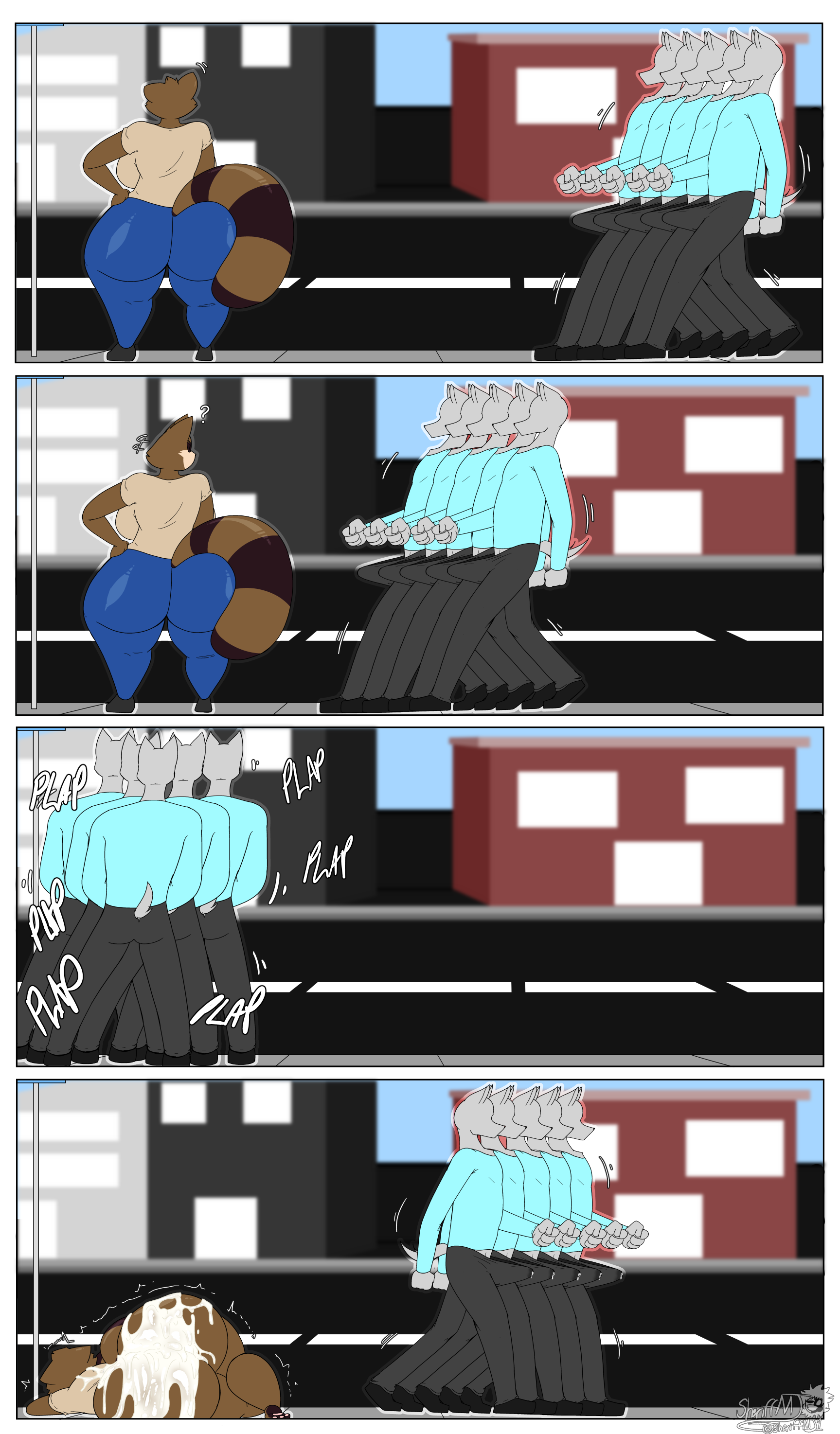 2024, 4 panel comic, absurd res, after anal, after sex, ambiguous penetration, anal, anthro, ass, big ass, big breasts, big butt, bodily fluids, breasts, building, canid, canine, canis, comic, cum, cum in ass, cum on ass, cum on butt, detailed background, digital media (artwork), domestic dog, dominant, dominant male, erection, excessive cum, exhausted, fat ass, female, funny, furry, furry only, gangbang, genital fluids, group, group sex, hi res, huge ass, huge butt, humor, male, male/female, mammal, masterj291, meme, onomatopoeia, passed out, penetration, plap (sound), procyonid, questionable consent, raccoon, sex, sound effects, text, thick thighs