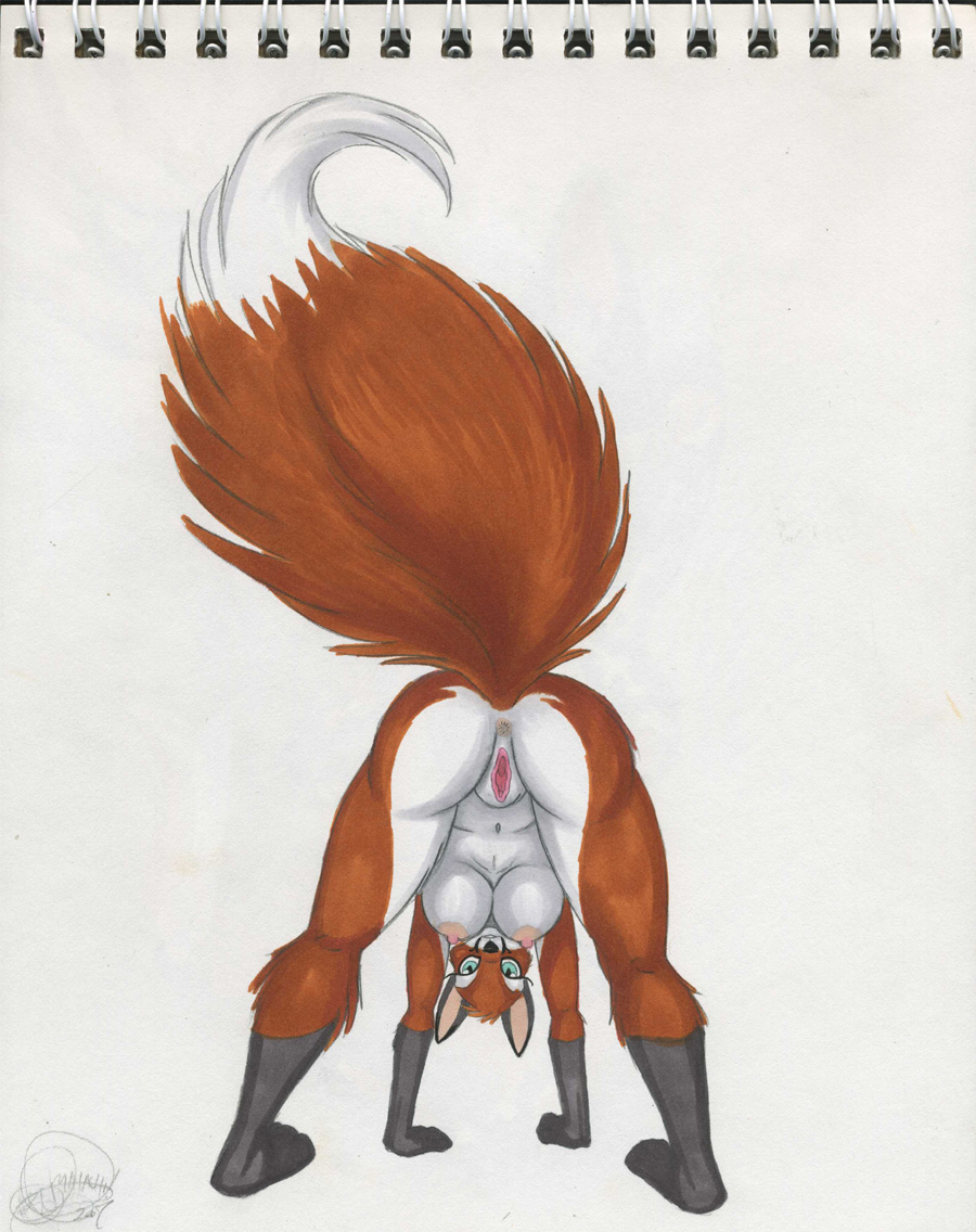 all_fours anus breasts canine female fox malachi nude pose presenting pussy raised_tail solo tail traditional_art traditional_media_(artwork)