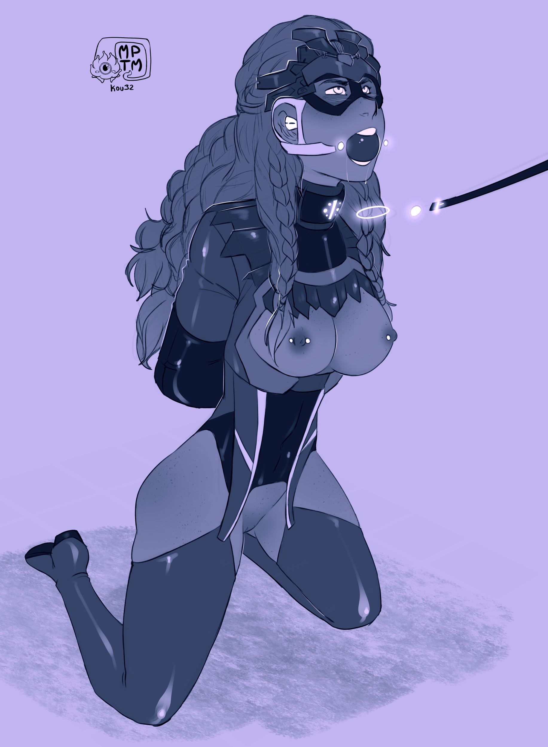 aloy, alternate costume, armbinder, arms tied behind back, ball gag, bdsm collar, bondage, breasts, collar, collared, exposed breasts, exposed pussy, female, gag, gagged, headgear, horizon zero dawn, kneeling, latex, latex clothing, leash, leash and collar, leash pull, my pet tentacle monster, pierced nipples, pussy, red hair