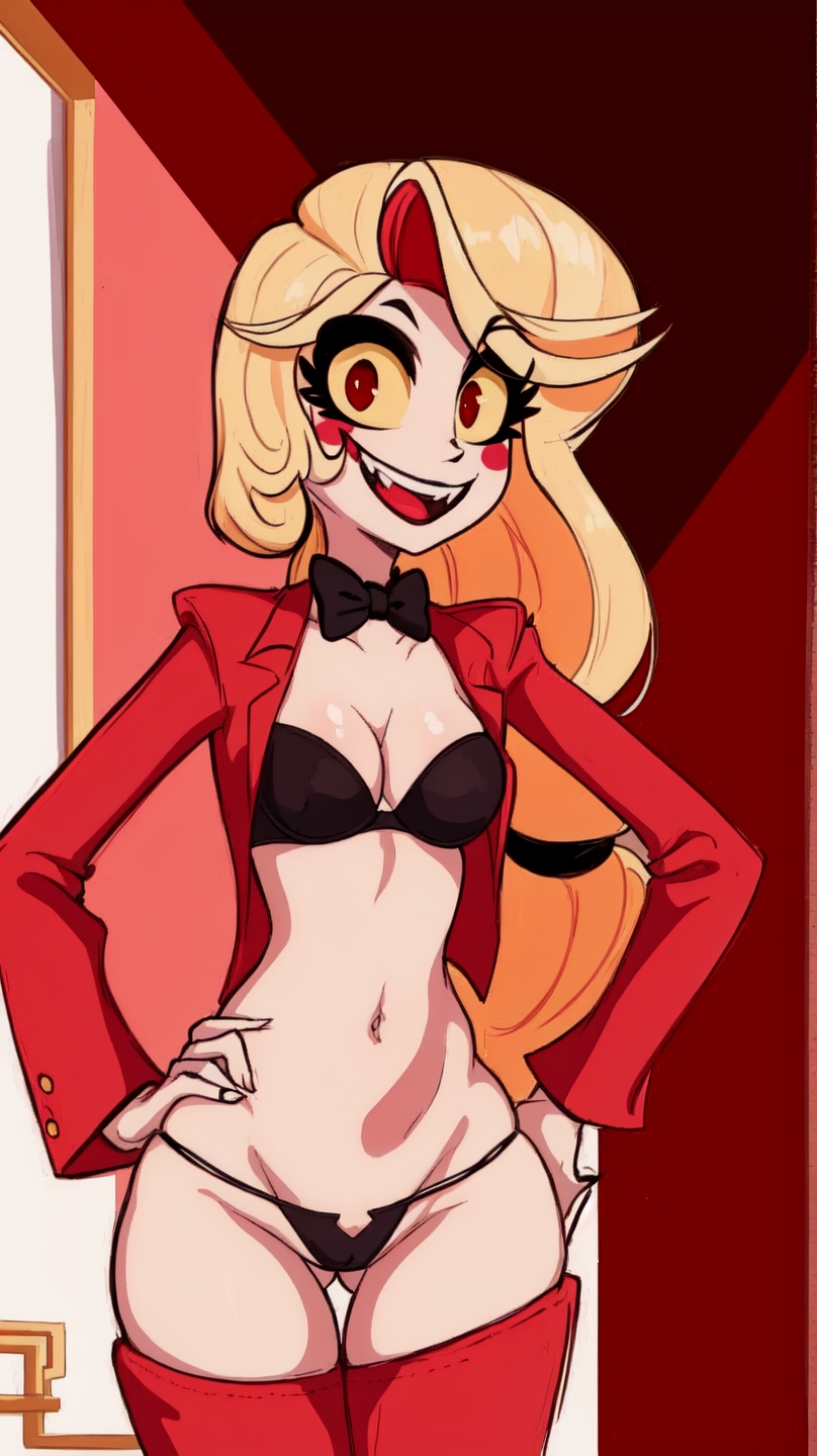 1girls ai_generated blonde_hair bowtie_collar bra cameltoe charlie_morningstar_(hazbin_hotel) colored_sclera demon demon_girl female groin groin_tendon hands_on_hips hazbin_hotel hotel humanoid jacket_open long_hair looking_at_viewer marusame open_smile smile solo stable_diffusion thighhighs thong_panties