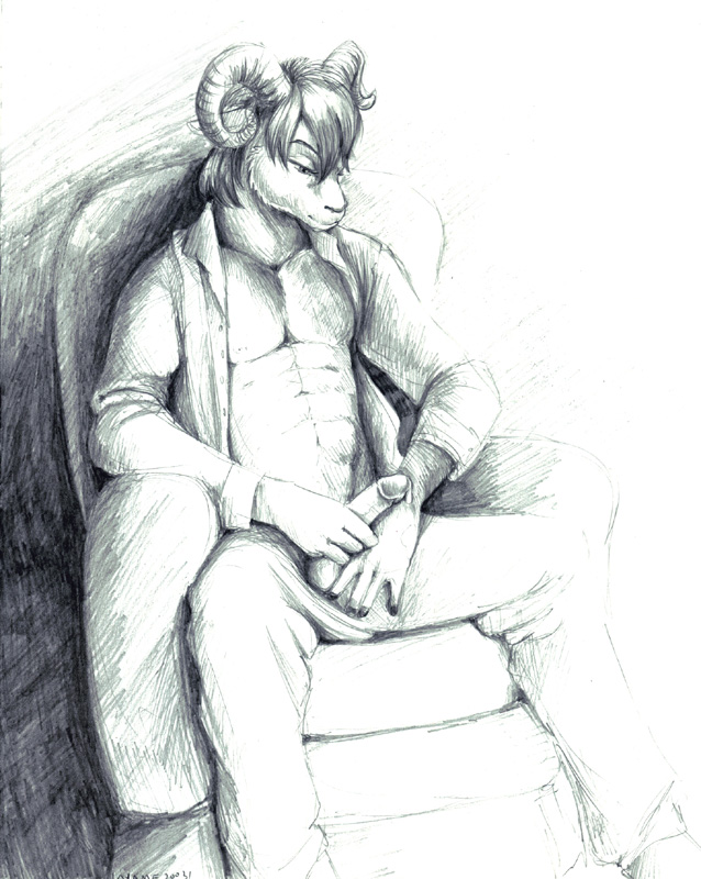 1boy anthro ayame_emaya chair cody_(ayame_emaya) curly_horns furry horns male_focus male_only mammal pants pencil_(artwork) penis ram ram_horns sheep shirt shirt_open sketch solo solo_male testicles traditional_art traditional_media traditional_media_(artwork)