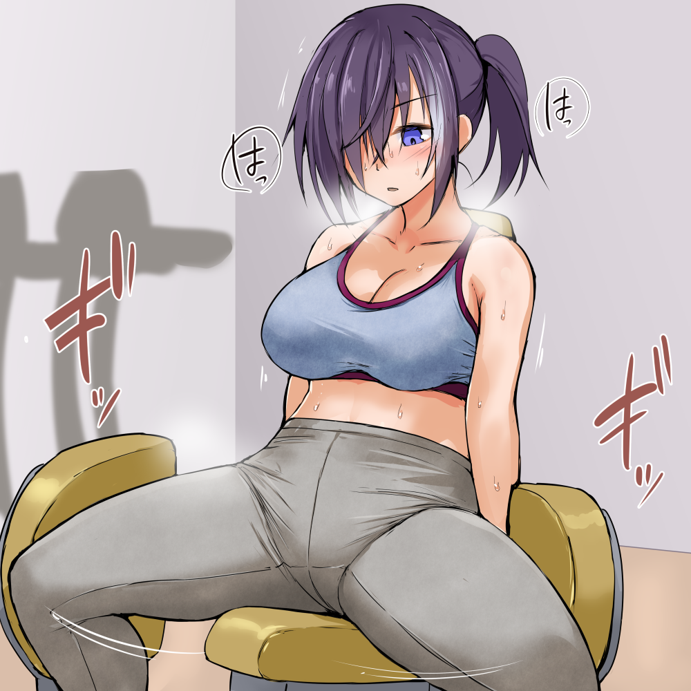 1girls bangs bare_shoulders blue_eyes blush breasts cleavage collarbone exercise grey_pants gym hair_over_one_eye heavy_breathing large_breasts midriff nonaga_(shiro_maru) pants parted_lips ponytail purple_eyes purple_hair shiro_maru sitting solo sports_bra spread_legs sweat yoga_pants