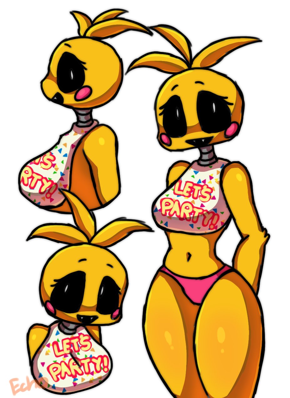 2023 arms_behind_back avian belly_button bib bikini_bottom bird black_sclera breasts cute echoname2_(artist) eyelashes fangs feathers five_nights_at_freddy's five_nights_at_freddy's_2 fnaf midriff naval panties pink_panties rosy_cheeks thick_thighs thighs toy_chica_(fnaf) wide_hips yellow_body