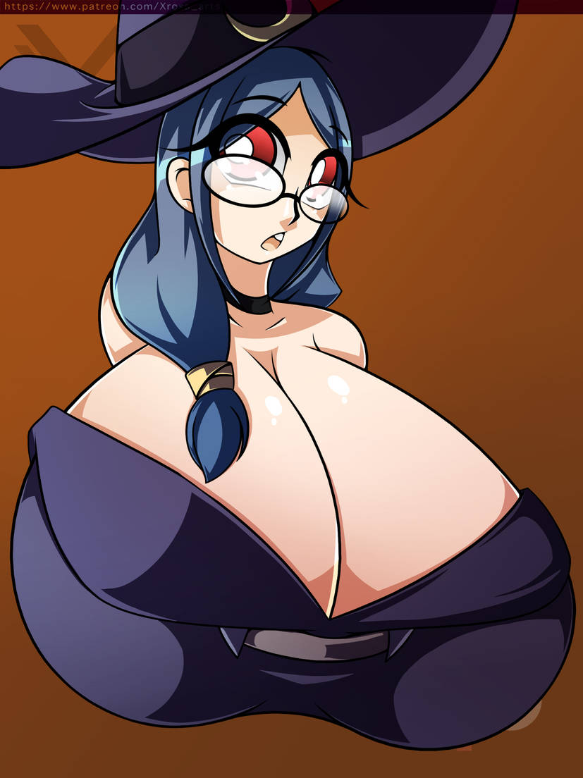 big_breasts big_breasts blue_hair breasts_bigger_than_head busty cleavage d-xross glasses huge_boobs huge_breast little_witch_academia long_hair milf open_mouth pale_skin red_eyes red_hair ursula_callistis witch witch_hat