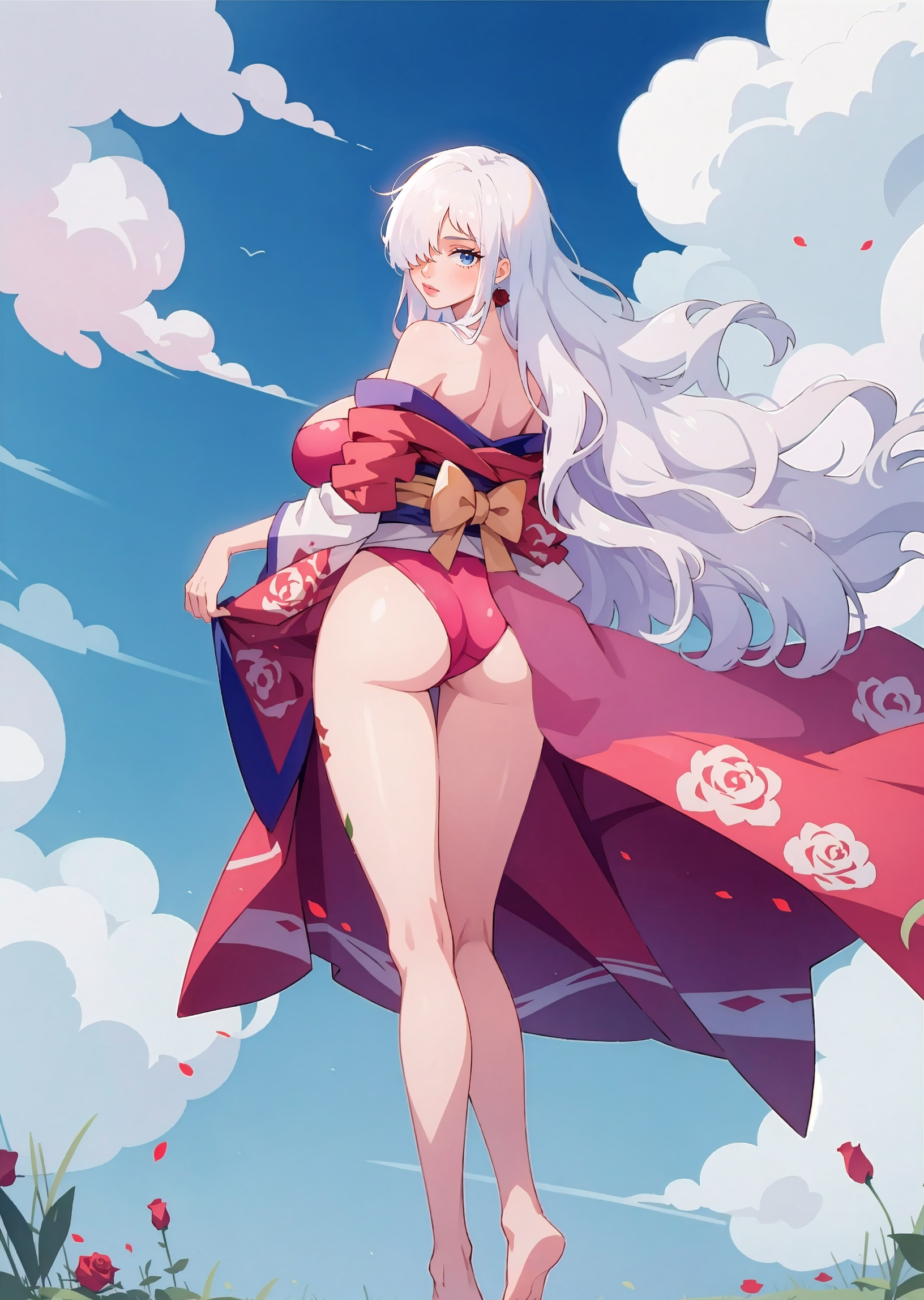 ai generated, ass, ass view, back view, bare legs, breasts, charlotte smoothie, female, female only, from behind, jorgecarlosai, kimono, leotard, long hair, long legs, looking at viewer, one piece, rear view, rose, tattoo, very long hair, white hair
