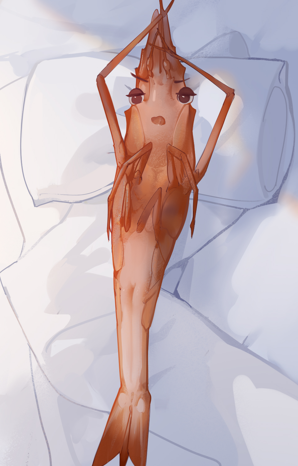 bed bed_sheet brown_eyes crustacean female furry furry_female highres luye_yuan lying monster_girl on_back on_bed open_mouth original pillow pussy shrimp shrimp_girl solo