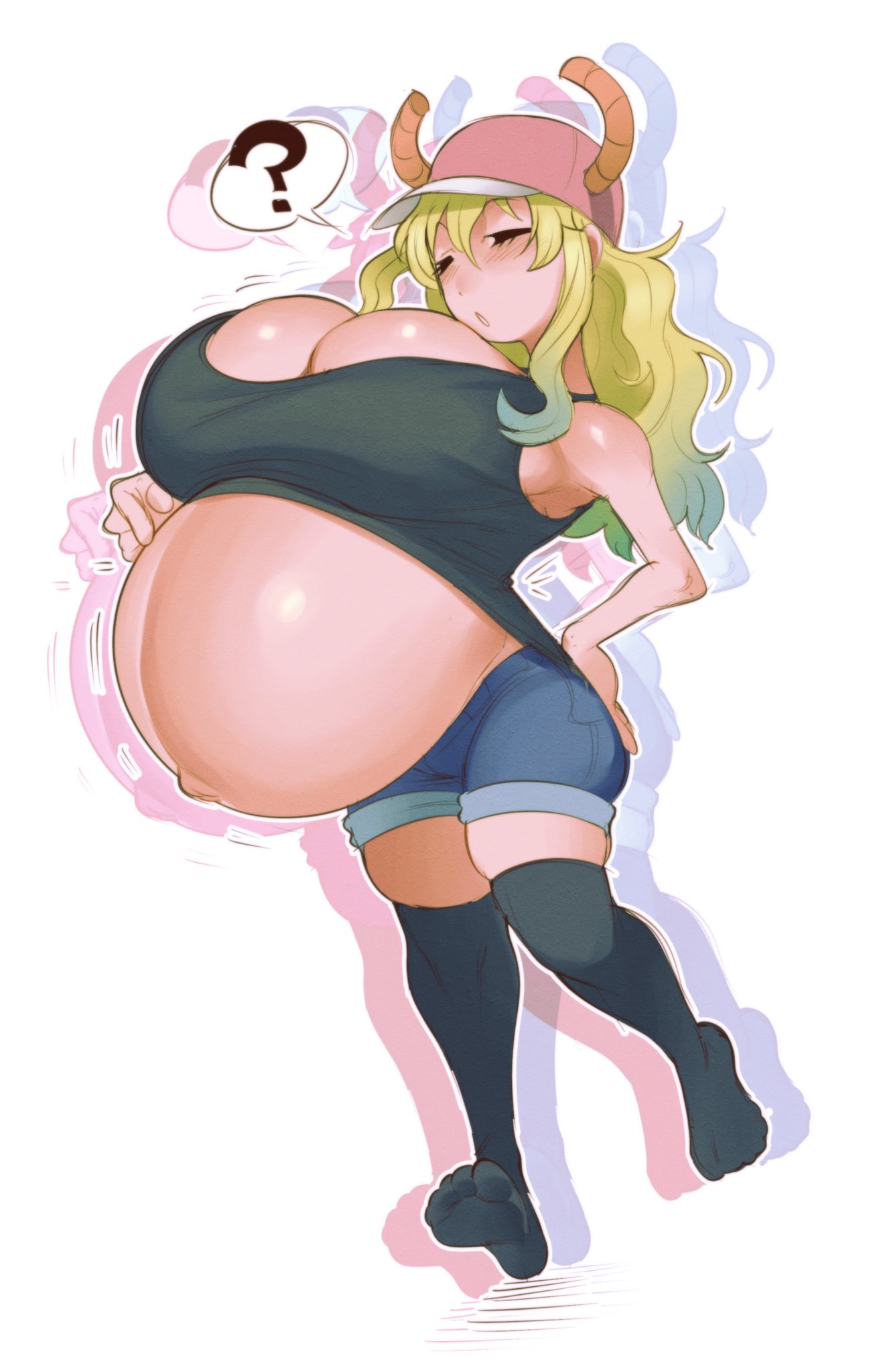 1girls belly_poke breasts dragon_girl exposed_midriff female gigantic_breasts hand_on_hip hellbrain horns huge_breasts jean_shorts lucoa lucoa_(maidragon) miss_kobayashi's_dragon_maid multicolored_hair popped_navel pregnant quetzalcoatl_(dragon_maid) ready_to_pop stockings thick_thighs