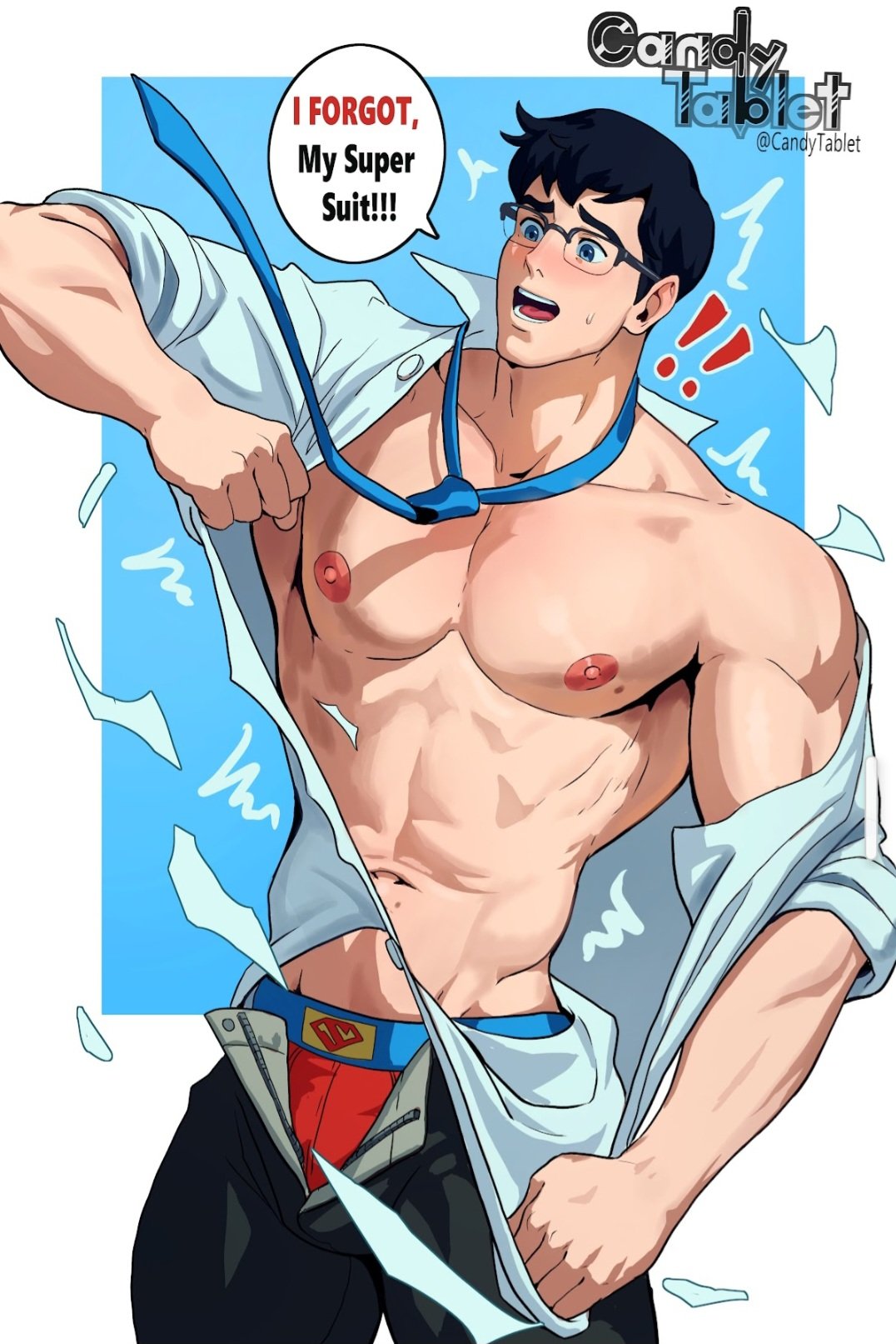 bara candy_tablet clark_kent clark_kent_(my_adventures_with_superman) glasses male_focus male_only muscle my_adventures_with_superman solo topless torn_clothes underwear undressing