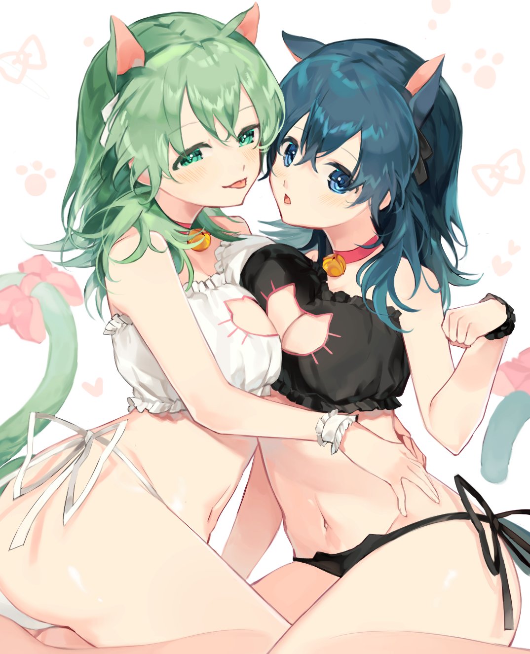 2girls alternate_hair_color animal_ears aqua_eyes bad_id bad_twitter_id bare_legs barefoot bell black_bra black_panties blue_eyes blue_hair blush bow bra breast_press breasts byleth_(female)_(fire_emblem) byleth_(fire_emblem) byleth_(fire_emblem)_(female) cat_cutout cat_ears cat_lingerie cat_tail choker cleavage cleavage_cutout clothing_cutout collar commentary_request dual_persona enlightened_byleth_(female) female female_only fire_emblem fire_emblem:_three_houses green_hair green_tail hair_between_eyes half-closed_eyes highres kemonomimi_mode kneeling long_hair looking_at_viewer medium_breasts meme_attire meunhongcha midriff multiple_girls navel neck_bell nintendo open_mouth panties paw_print paw_print_background red_choker side-tie_panties simple_background smile symmetrical_docking tail tail_bow tail_ornament thighs tongue tongue_out underwear white_background white_bra white_panties wrist_cuffs