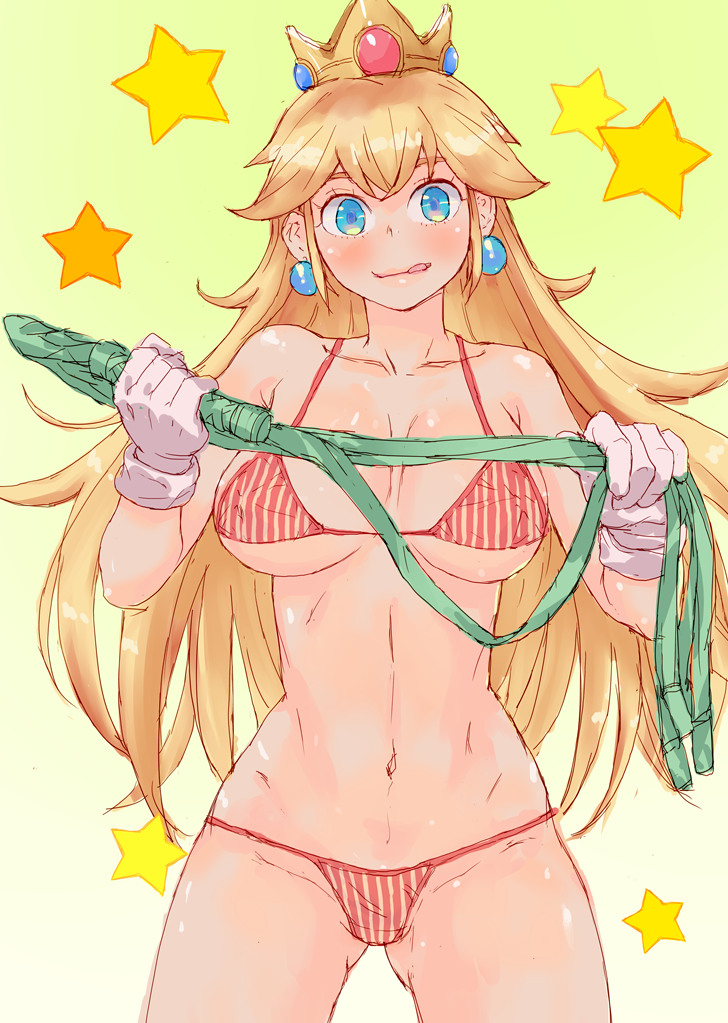 1girls bikini blonde_hair blue_eyes breasts crown earrings gloves holding_whip large_breasts long_hair looking_at_viewer mario_(series) midriff navel nintendo princess_peach red_bikini red_swimsuit striped_bikini striped_swimsuit swimsuit uniskie_saabunrou whip white_bikini white_swimsuit