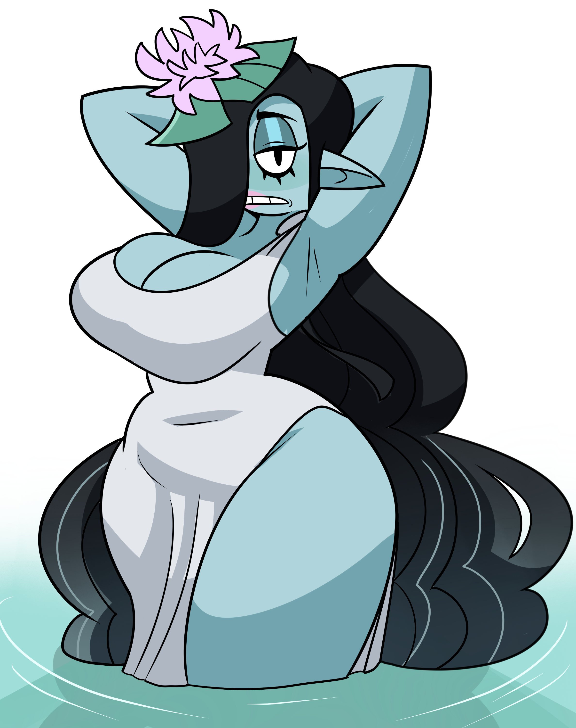 1girls, armpits, arms behind head, arms up, black hair, blue skin, breasts, chubby, chubby female, cleavage, clothed, dress, eyelashes, female, flower, flower in hair, hair, hair flower, hair ornament, hair over one eye, large breasts, lily pad, lipstick, long hair, nixie, pink lipstick, pointed ears, pointy ears, slightly chubby, superspoe, thick thighs, thighs, very long hair, water, wide hips