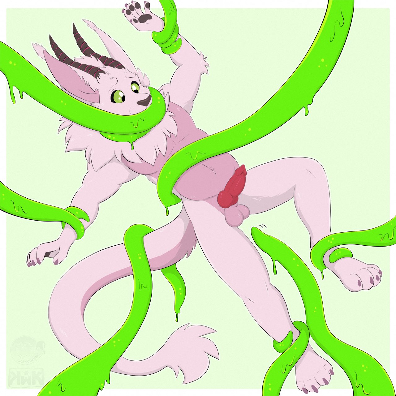 1:1 balls bandai_namco canid claws digimon digimon_(species) dragon fur furred_dragon genitals gothicsiamese green_eyes hi_res holydramon horn knot magnus_(rascoe_k) male male_only mammal musclegut penis pink_body pink_fur pink_skin plant pose tentacle