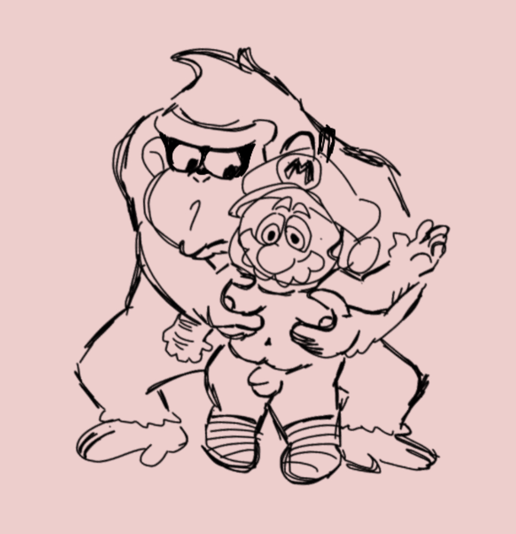 anthro donkey_kong donkey_kong_(series) enterman gorilla grope groping groping_breasts groping_from_behind human human_on_anthro male male_only mario mario_(series) monochrome