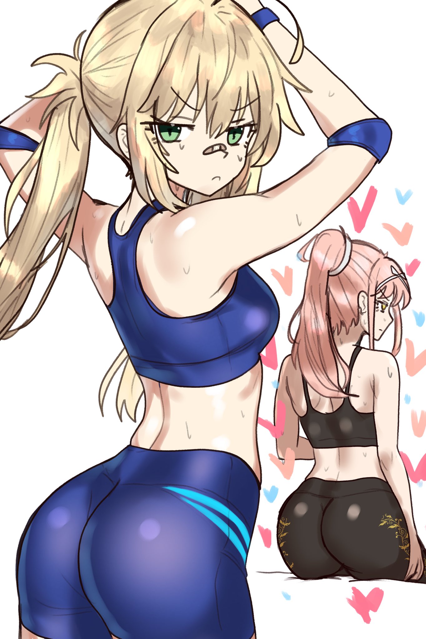 2girls, artoria caster (fate), artoria pendragon, artoria pendragon (caster), ass, bandaid, bandaid on face, bandaid on nose, bike shorts, blonde hair, breasts, bubble ass, bubble butt, cnoc na riabh (fate), ebora, fate (series), fate/grand order, female, green eyes, hi res, large ass, light skin, light-skinned female, long hair, medium breasts, pink hair, shorts, sports bra, sportswear, yoga pants, youngmanisdown