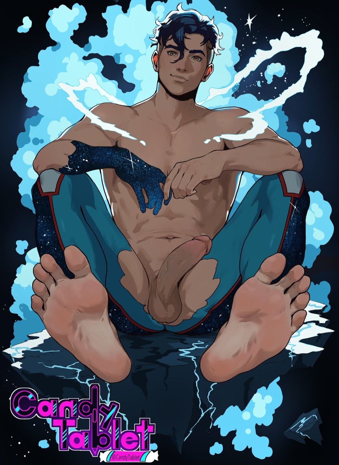 1boy avengers balls bara barefoot billy_kaplan black_hair bodysuit brown_eyes candy_tablet circumcised erect_penis erection feet gay_male light-skinned_male looking_at_viewer magic male_focus male_only marvel masculine nipples nude nude_male penis presenting presenting_penis sitting smile smiling soles solo superhero toes torn_bodysuit torn_clothes wiccan wizard young_avengers