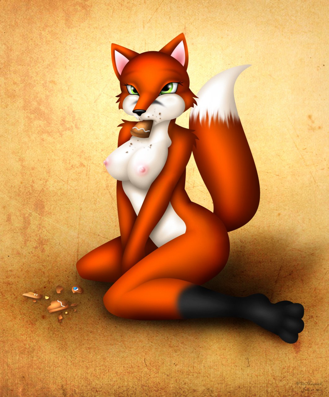 anthro breasts canine crumbs female fox gingerbread_man green_eyes nude solo vore whitmaverick