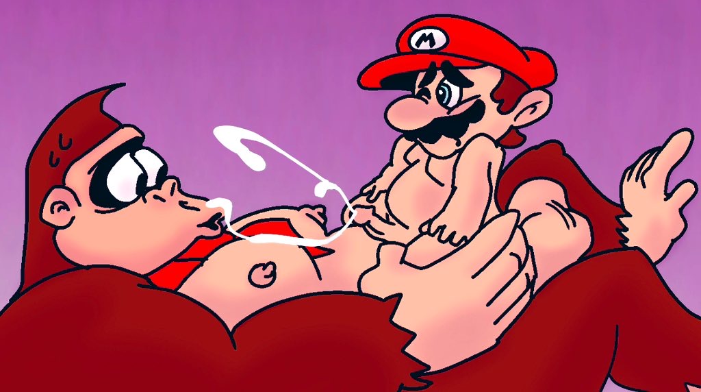 anthro cum donkey_kong donkey_kong_(series) enterman gorilla human male male_only mario mario_(series) nipples one_eye_closed