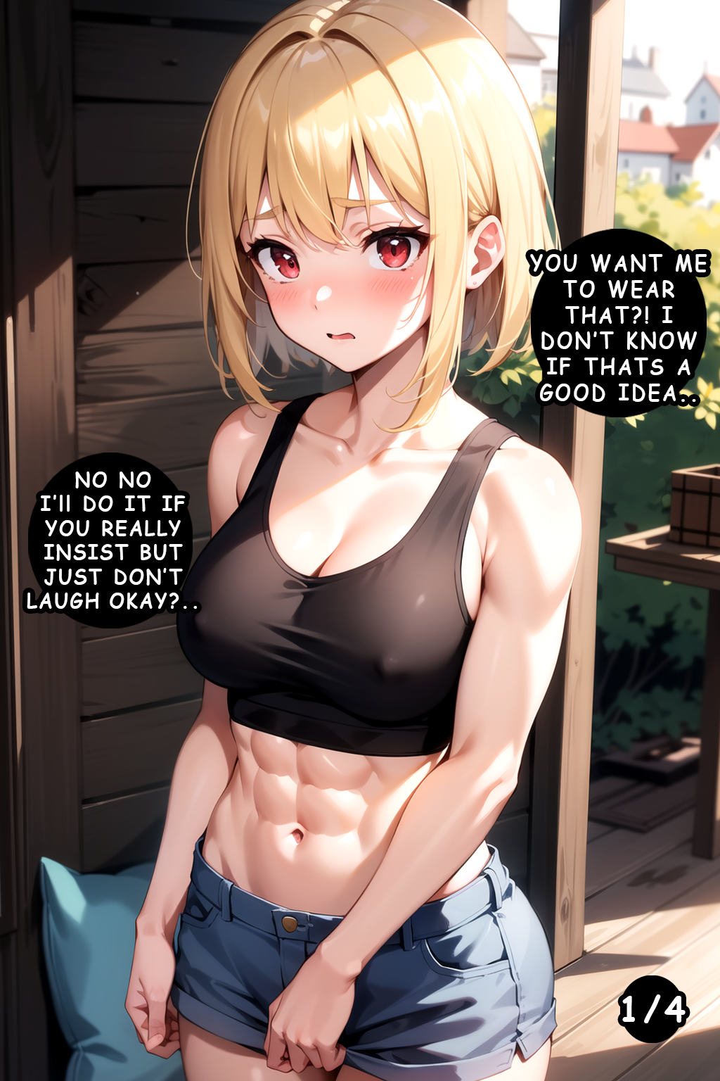 abs ai_generated blonde_hair blush breasts clothed comic comic_page cow_print cow_print_bikini dialog dialogue dialogue_box dialogue_bubble embarrassed english english_dialogue english_text fit_female hentaicelestial hi_res highres muscular muscular_female page_1 page_number red_eyes shocked short_hair shy talking talking_to_partner talking_to_viewer text thighs