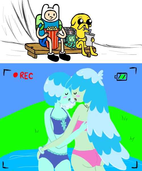 3boys adventure_time backpack bag bmo clothing denise_(adventure_time) female finn_the_human human jake_the_dog male monster_girl pale_skin tagme tagme_(artist) voyeurism water_nymph yuri