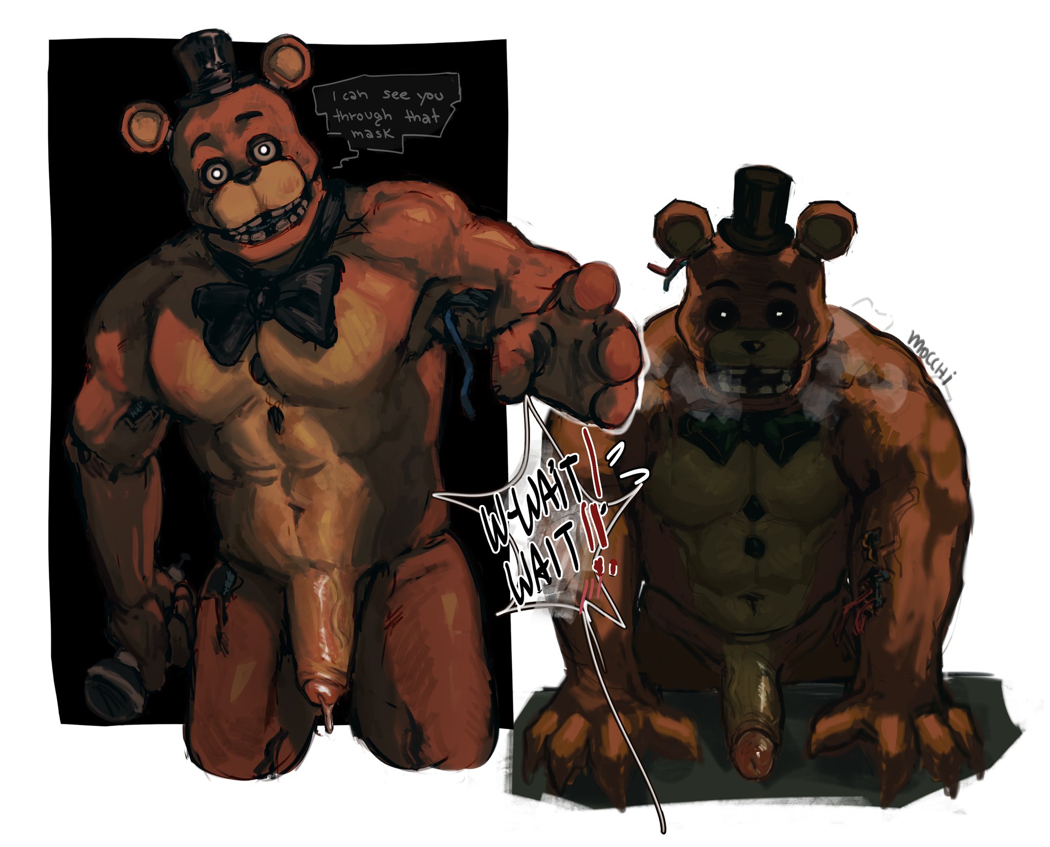 1boy, abs, anthro, bear, five nights at freddy's, five nights at freddy's 2, foreskin, g0ddamnwhat, humanoid, humanoid genitalia, humanoid penis, male, male focus, male only, menacing, microphone, pecs, penis, precum, solo, steam, uncircumcised, uncut, withered freddy
