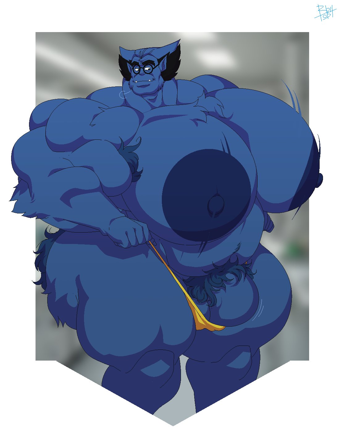 1boy ass beast_(x-men) big_ass big_butt big_moobs big_nipples big_pecs blue_body blue_fur bobthetanuki bulge bulge_through_clothing extrasizedbob fangs glasses humanoid hyper_muscles large_pectorals male male_only marvel marvel_comics massive_pecs mature_male moobs muscular muscular_male penis pubic_fur pubic_hair thong x-men