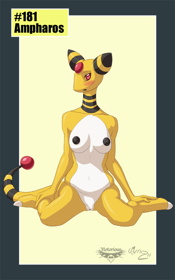 2011 ampharos black_nipples blush breasts collaboration female kneeling looking_at_viewer mingchee navel nintendo nipples notorious84 nude pinup pokémon_(species) pokemon pokemon_(species) pokemorph presenting pussy red_eyes solo tail the_pokedex_project yellow