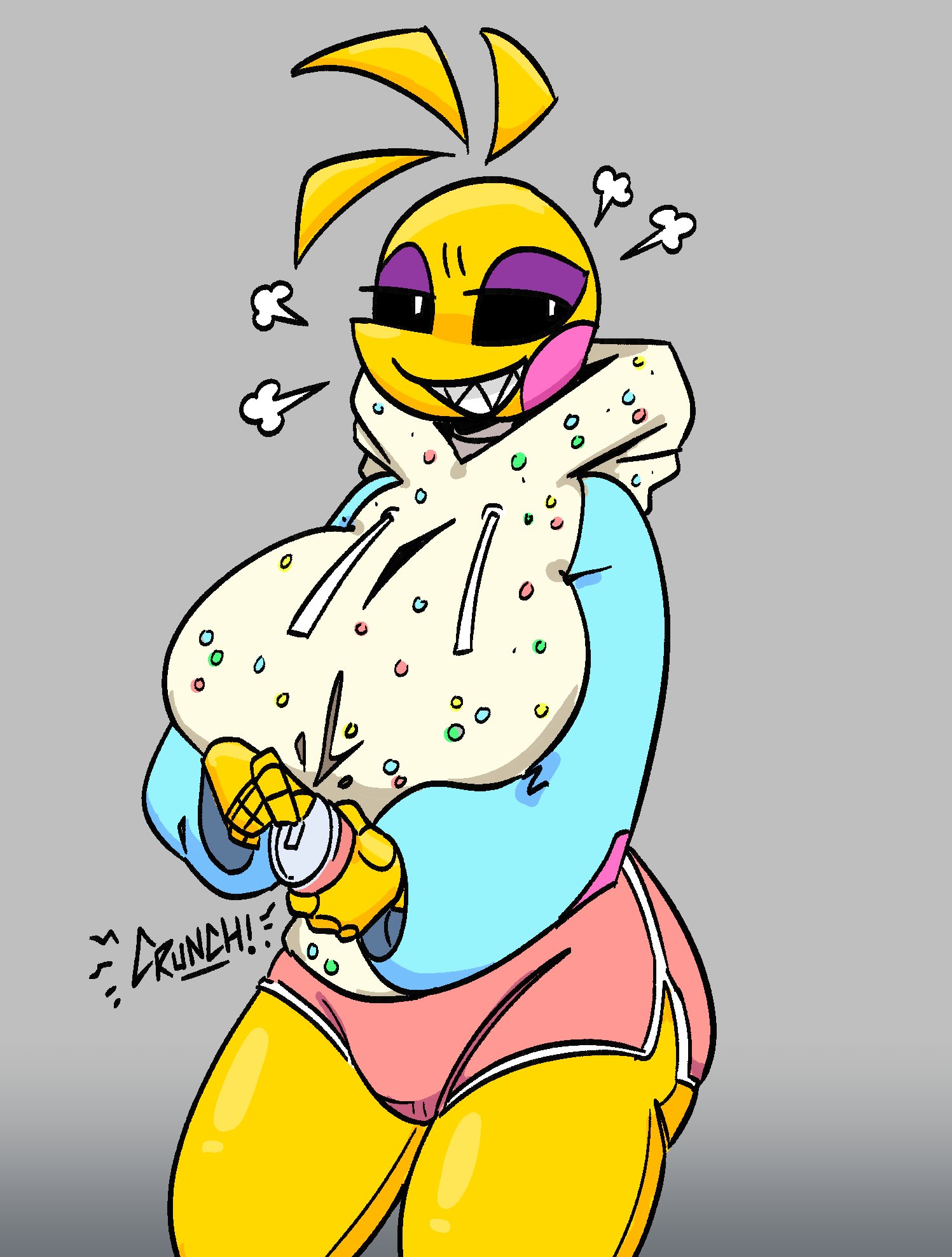 1girls, animatronic, animatronic female, booty shorts, breasts, dolphin shorts, drink, eyeshadow, feathers, female, female only, five nights at freddy's, five nights at freddy's 2, fnaf, hoodie, large breasts, long sleeves, onomatopoeia, pink shorts, purple eyeshadow, qoolguyart, rosy cheeks, sharp teeth, short shorts, shorts, smile, smiling, soda, soda can, solo, sound effects, thick thighs, thighs, toy chica (fnaf), yellow body