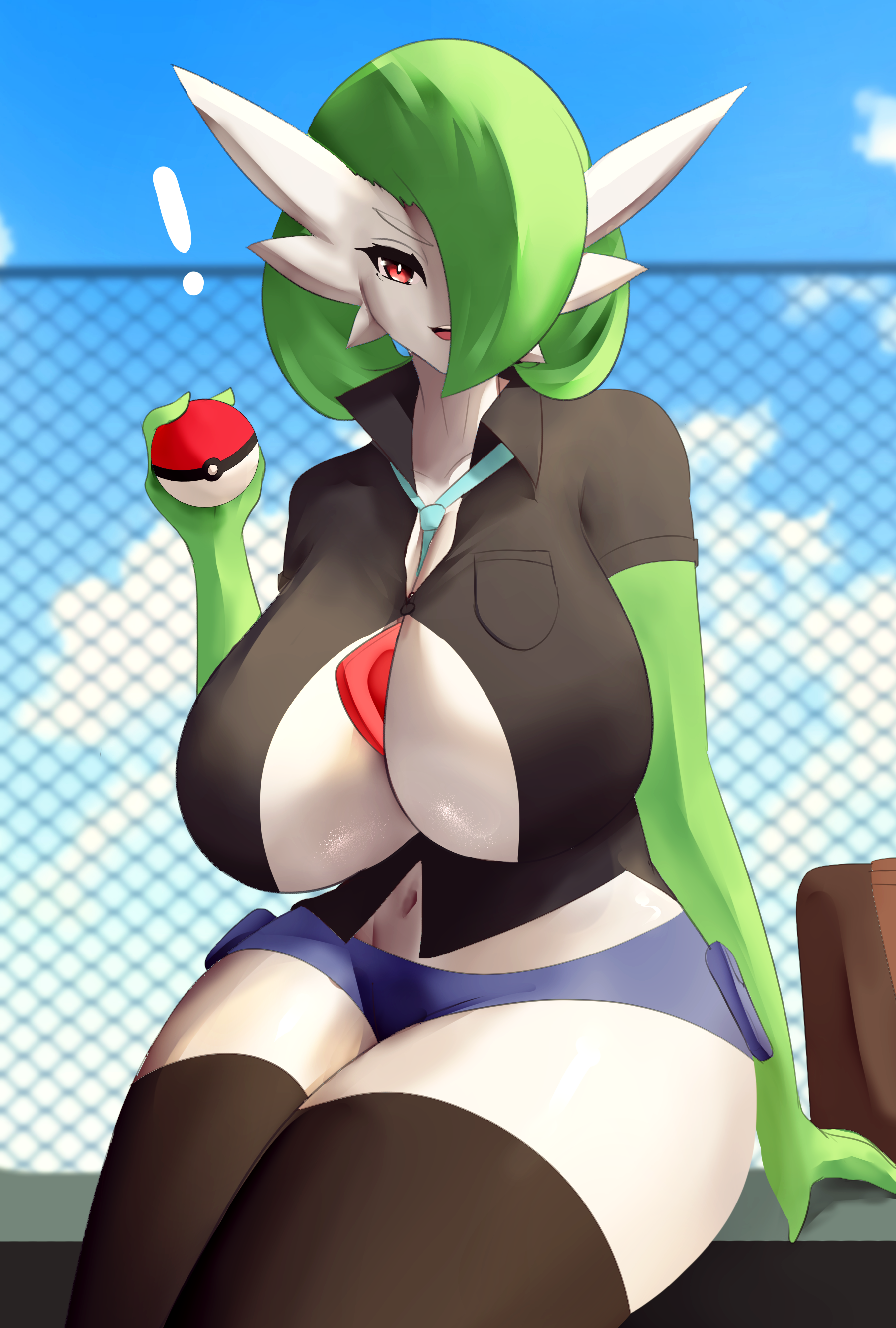 1girls, breasts, clothed, female, female pokemon, gardevoir, generation 3 pokemon, green hair, hi res, hips, huge breasts, light skin, light-skinned female, looking at viewer, naughty face, nintendo, open shirt, pokémon (species), pokemon, pokemon (species), sana!rpg, shirt, short hair, smile, thick thighs, thighs, white body, wide hips