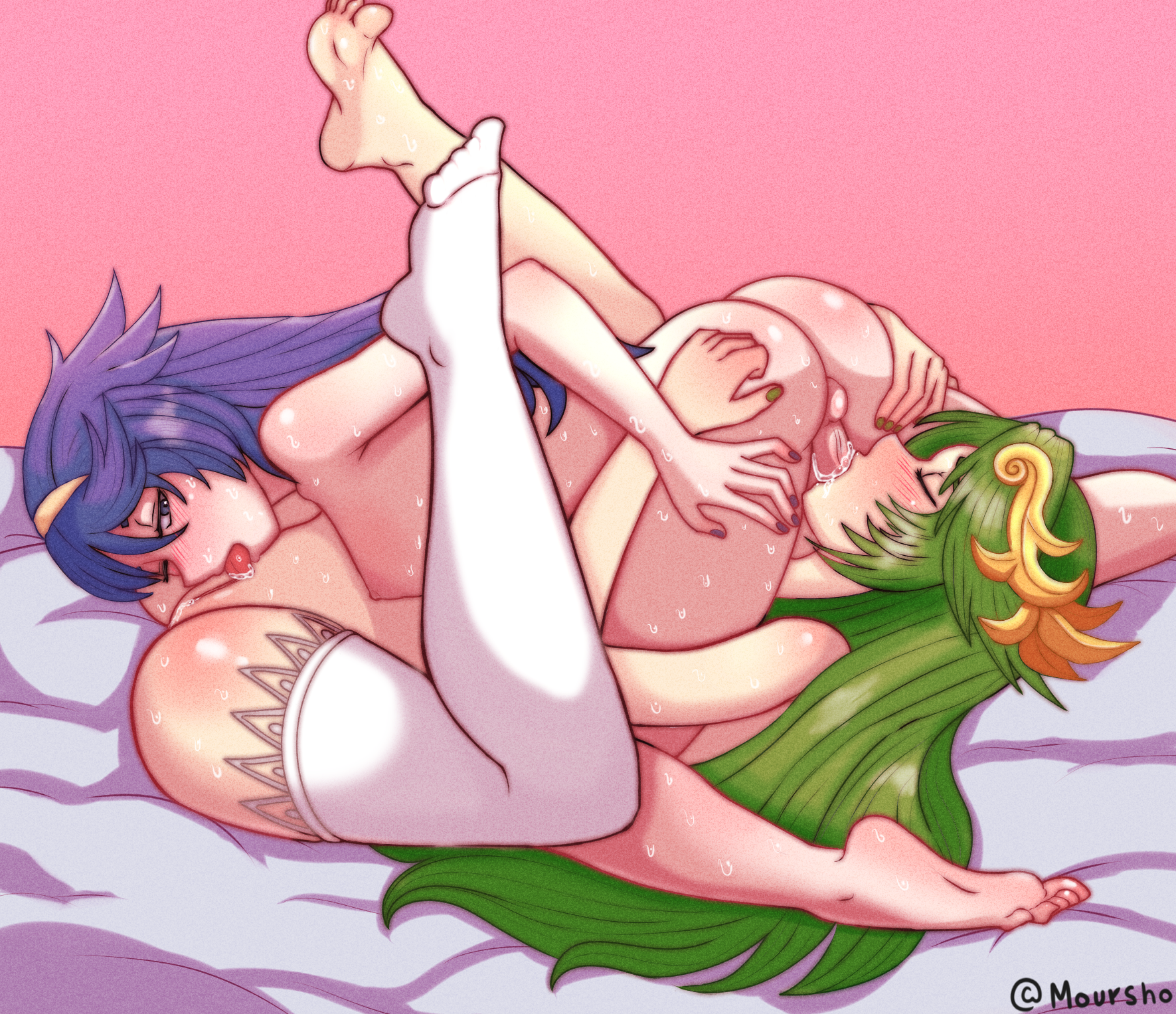 1futa, 1girls, 69, 69 position, areolae, ass, ass grab, bare shoulders, barefoot, bed, bed sheet, blue eyes, blue hair, blush, breasts, closed eyes, crossover, crown, cum, cum in mouth, cunnilingus, duo, feet, fellatio, female, fire emblem, fire emblem awakening, futa on female, futanari, green hair, human, intersex, kid icarus, legs up, licking pussy, light skin, light-skinned female, light-skinned futa, long hair, lucina (fire emblem), moursho, naked, naked thighhighs, nintendo, nipples, nude, oral, palutena, penis, pussy, sex, small breasts, source request, sucking penis, sweat, thighhighs, tongue, tongue out, white legwear, yuri