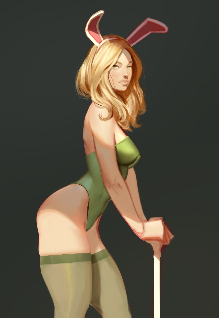 1girls basnip beauty_mark blonde_hair bunny_ears bunnysuit cane clothed green_clothing green_eyes hourglass_figure light-skinned_female light_skin looking_at_viewer medium_breasts mole no_background playboy_bunny solo solo_female stocking stockings tagme thick_thighs wide_hips